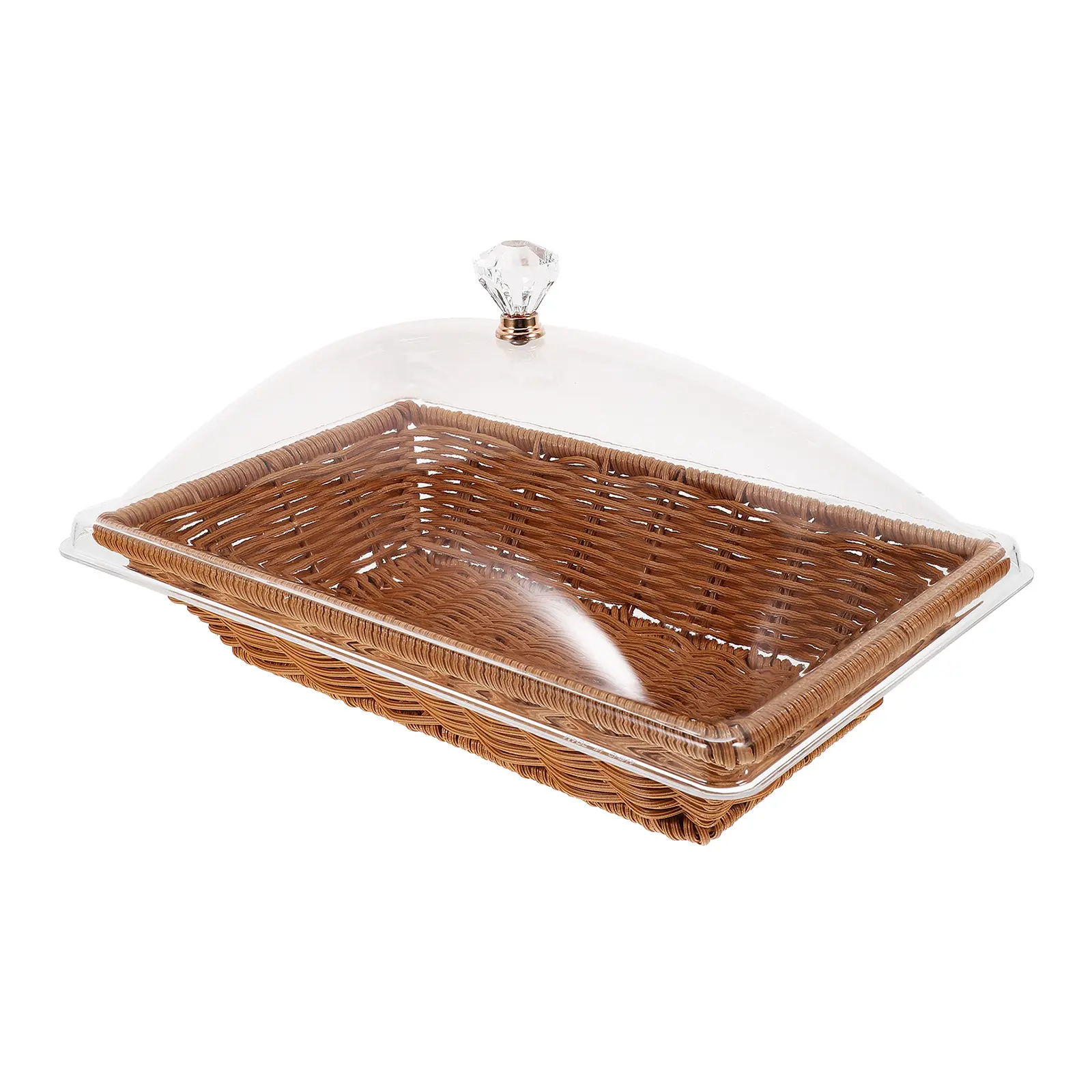Transparent Handle Lid Woven Food Fresh keeping Basket Bread Cake Snack Display Storage Tray Kitchen Home Party Square Brown