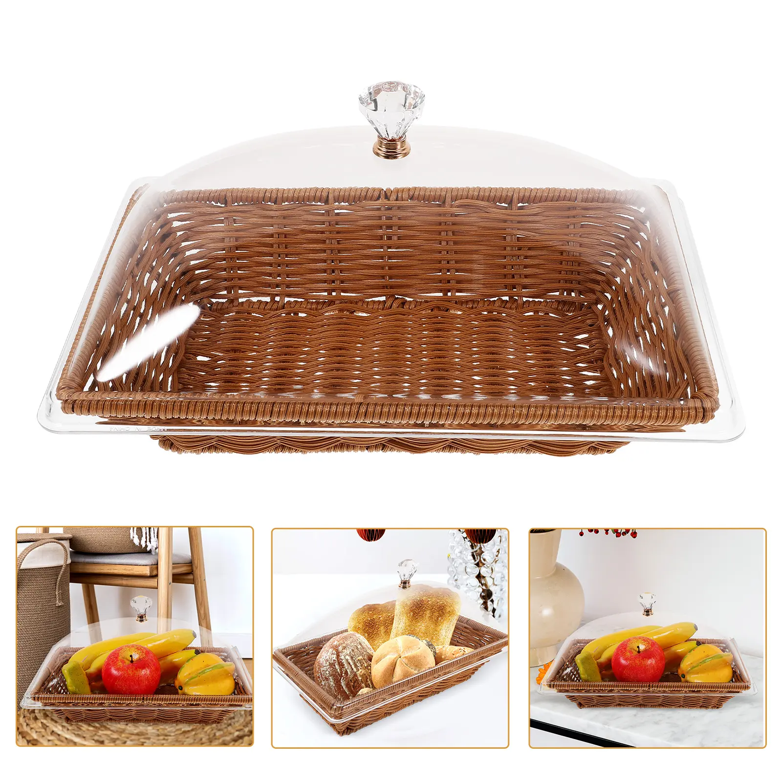 Transparent Handle Lid Woven Food Fresh keeping Basket Bread Cake Snack Display Storage Tray Kitchen Home Party Square Brown