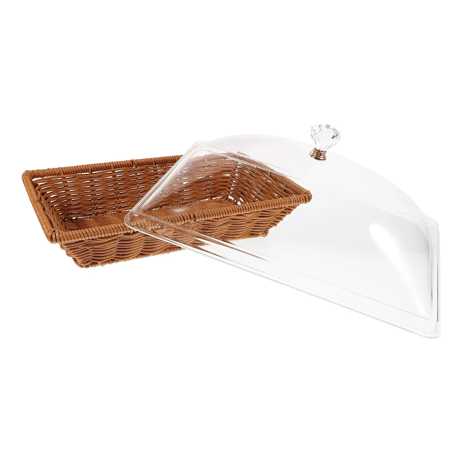 Transparent Handle Lid Woven Food Fresh keeping Basket Bread Cake Snack Display Storage Tray Kitchen Home Party Square Brown