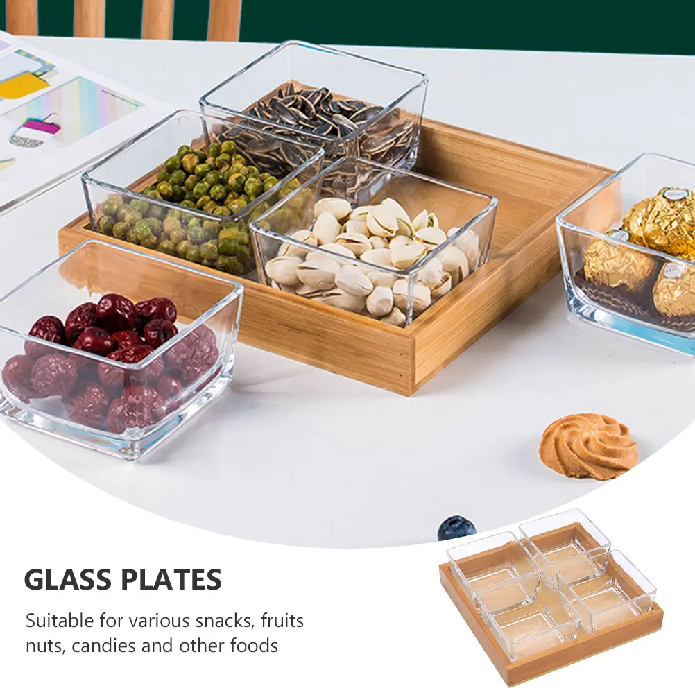 Glass Dried Plate Trays Wood Holder Snack Serving Platter Divided Tray Glass Plates Nuts Plates Kitchen
