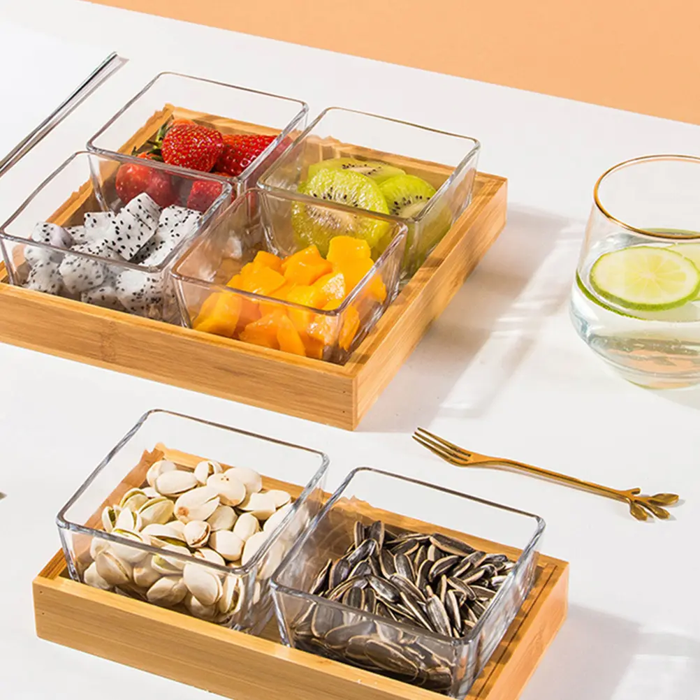 Glass Dried Plate Trays Wood Holder Snack Serving Platter Divided Tray Glass Plates Nuts Plates Kitchen