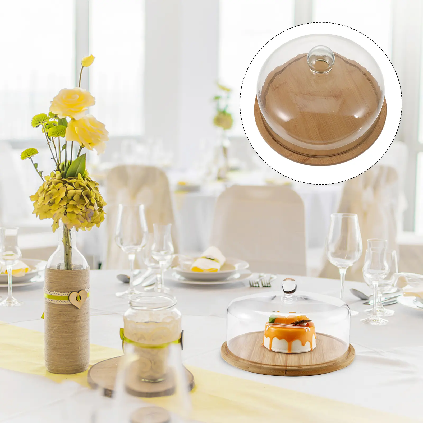 Cake Glass Transparent Glass Cover With Tray Food Tray Plate Dessert Bamboo Premium Kitchen Party Birthday