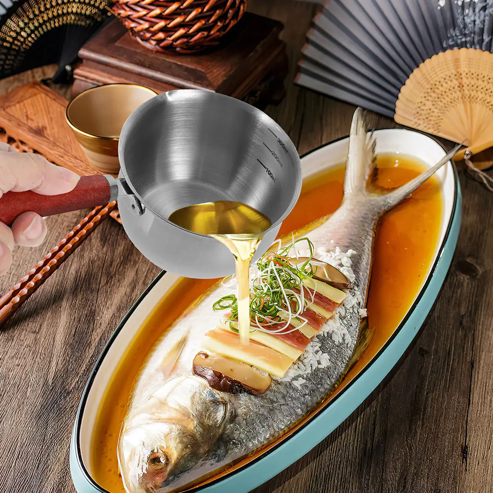 Stainless Steel Pouring Oil Pot 410 Material 300ml Safe Reusable Easy Cleaning Wood Handle Dual Spouts Small Saucepan Kitchen