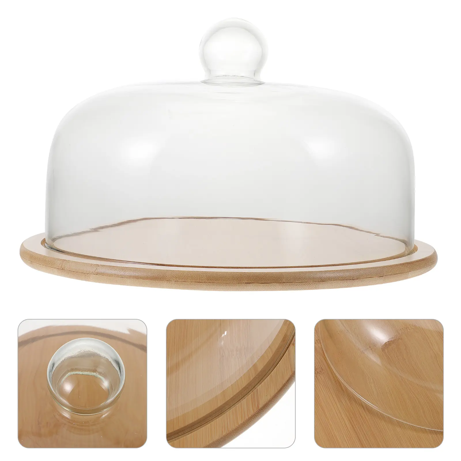Cake Glass Transparent Glass Cover With Tray Food Tray Plate Dessert Bamboo Premium Kitchen Party Birthday