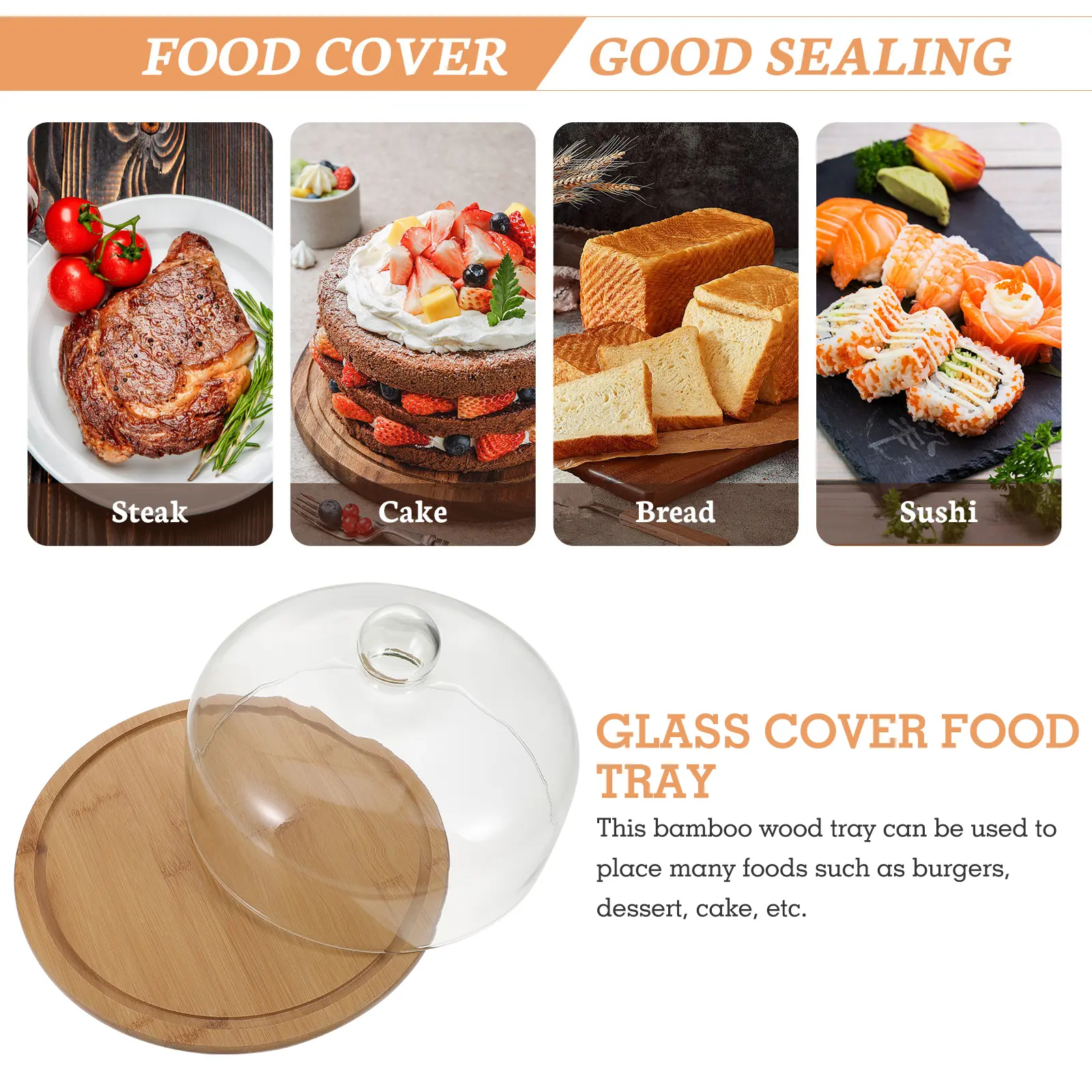 Cake Glass Transparent Glass Cover With Tray Food Tray Plate Dessert Bamboo Premium Kitchen Party Birthday