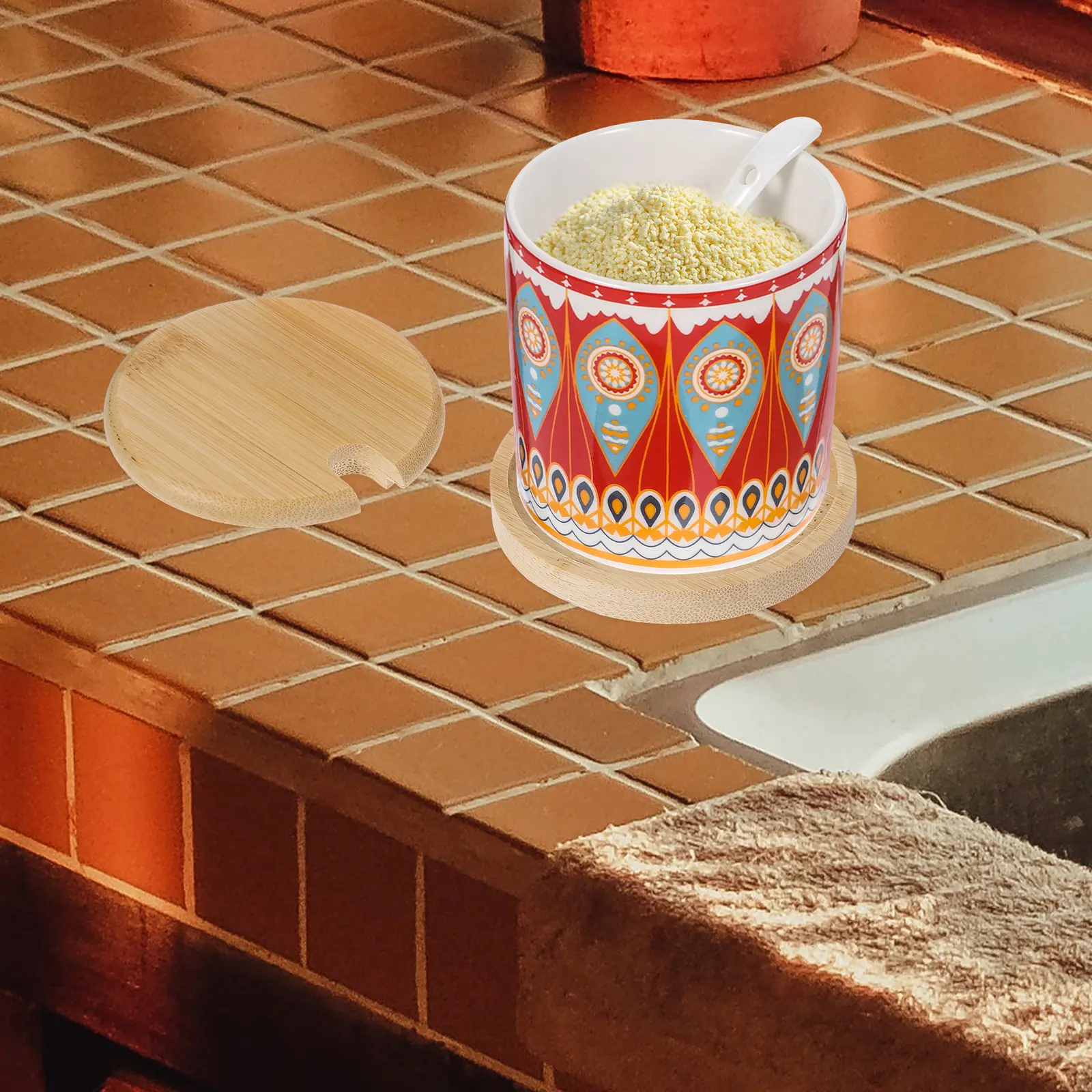 Ceramic Seasoning Jar Spice Pepper Canister Kitchen Container Bohemian Salt Holder Bamboo M ala Pattern Storage Solution