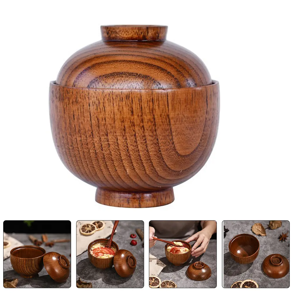 Sour Jujube Wood Cover Bowls Lidded Soup Serving Bowls Food Service Bowl Japanese Rice Bowl Multi Function Wooden Container