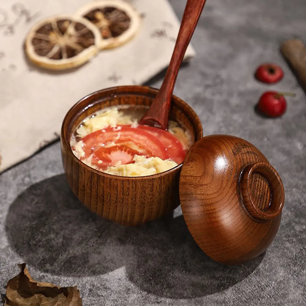 Sour Jujube Wood Cover Bowls Lidded Soup Serving Bowls Food Service Bowl Japanese Rice Bowl Multi Function Wooden Container