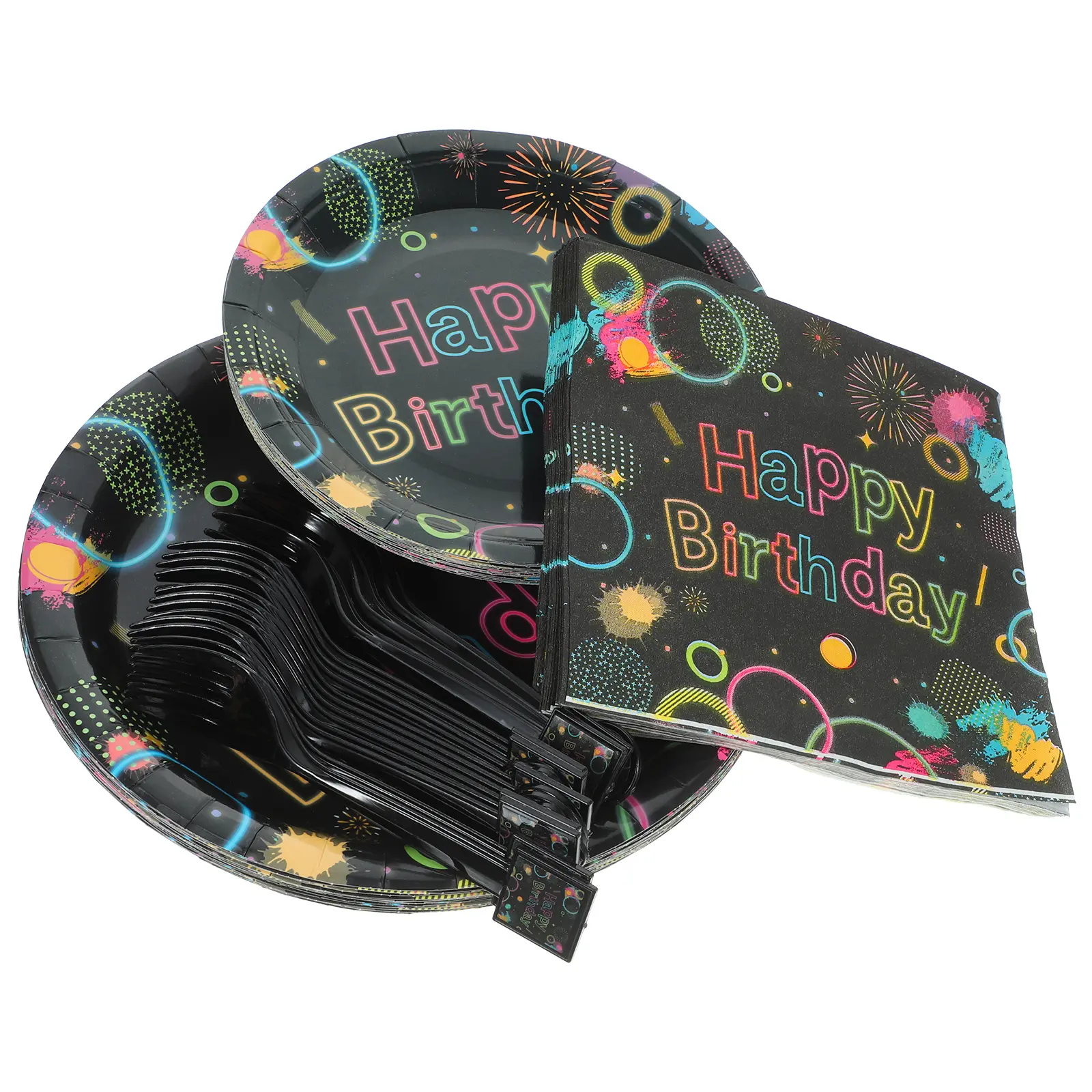 Neon Themed Birthday Party Tableware Set Plates Cups Forks Decorative Paper Plates Glow in the Dark Supplies for Family