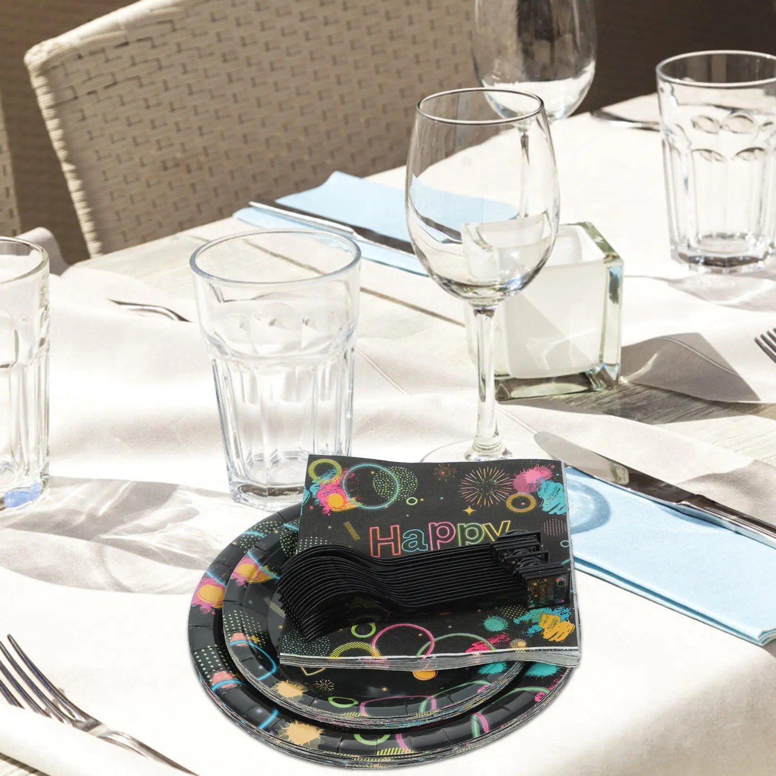 Neon Themed Birthday Party Tableware Set Plates Cups Forks Decorative Paper Plates Glow in the Dark Supplies for Family
