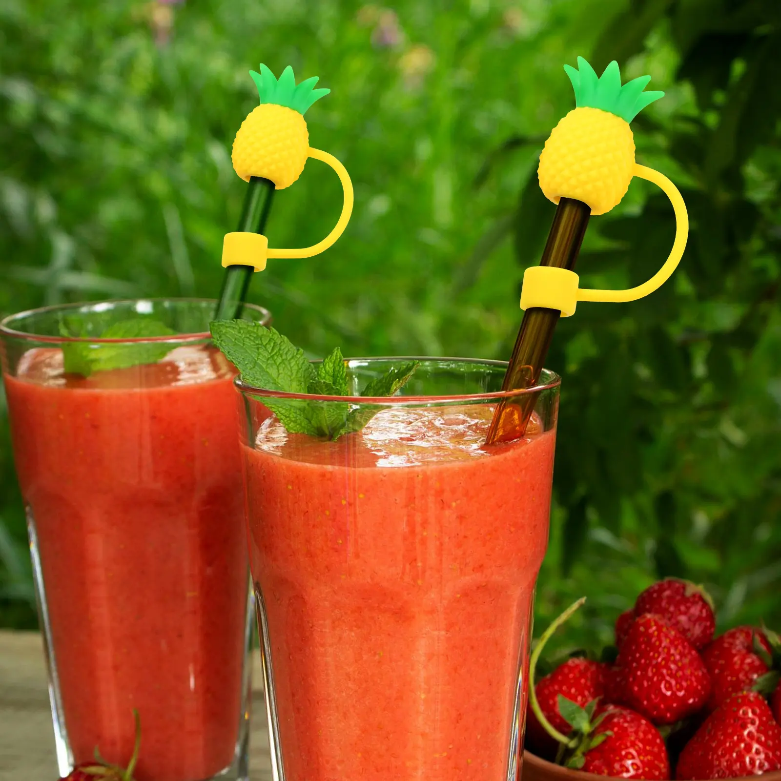 4pcs Silicone Straws Decorative Covers Pineapple Shaped Drinking Toppers Reusable Caps for Tumblers Tips Banquet