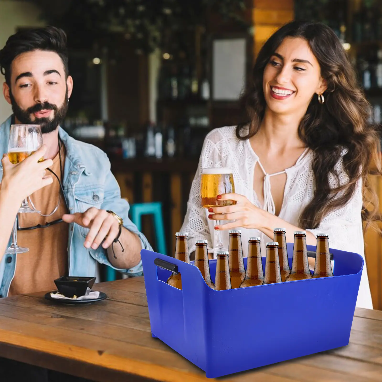 Square Ice Bucket Beer Crate Plastic Cooler Bin Handles Large Drink Storage Outdoor Party Bucket Cooler Portable