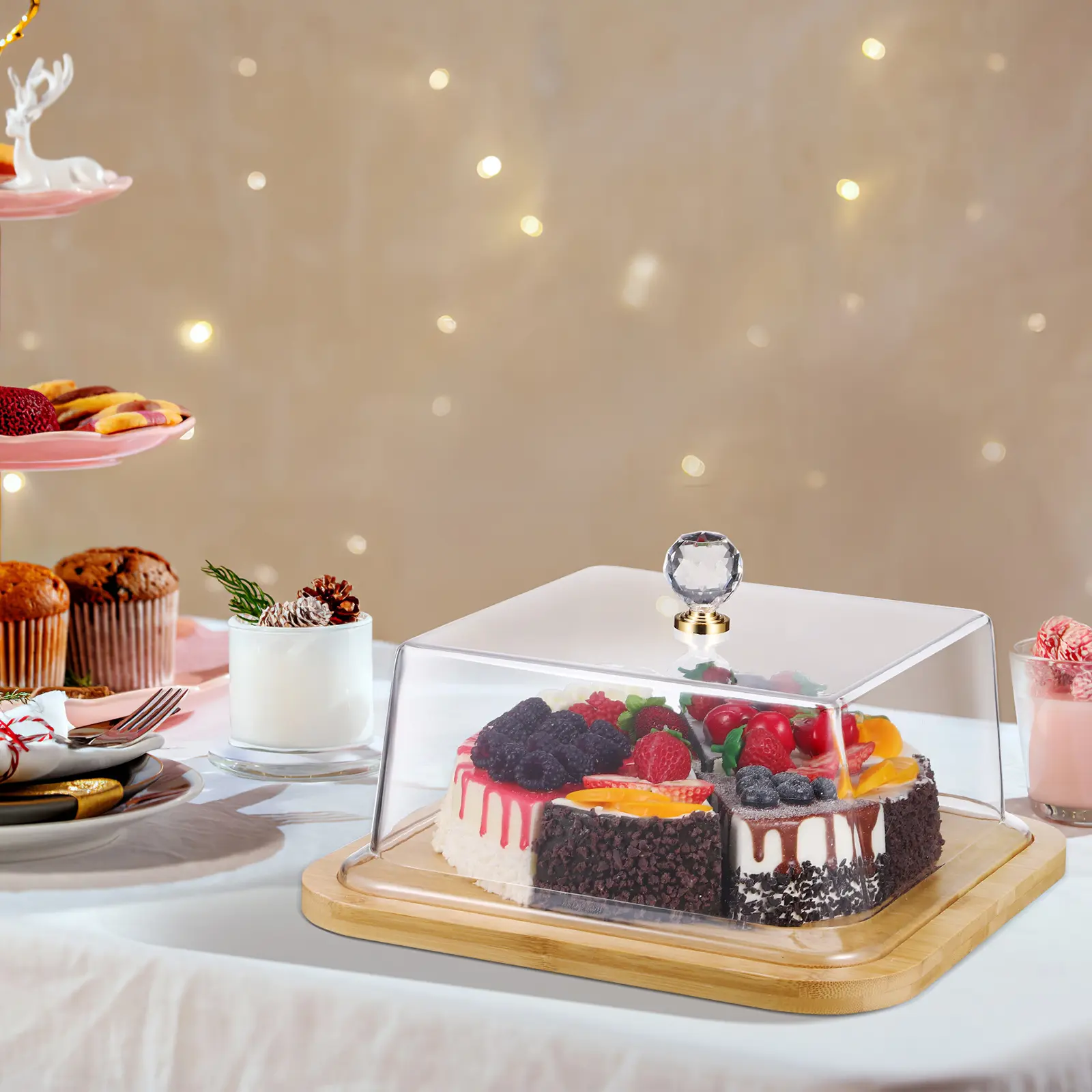 Tasting Bread Plate Cake Holder with Lid Tray Dessert Stand Clear Protective Cover Square Base Table Decor Party Supplies