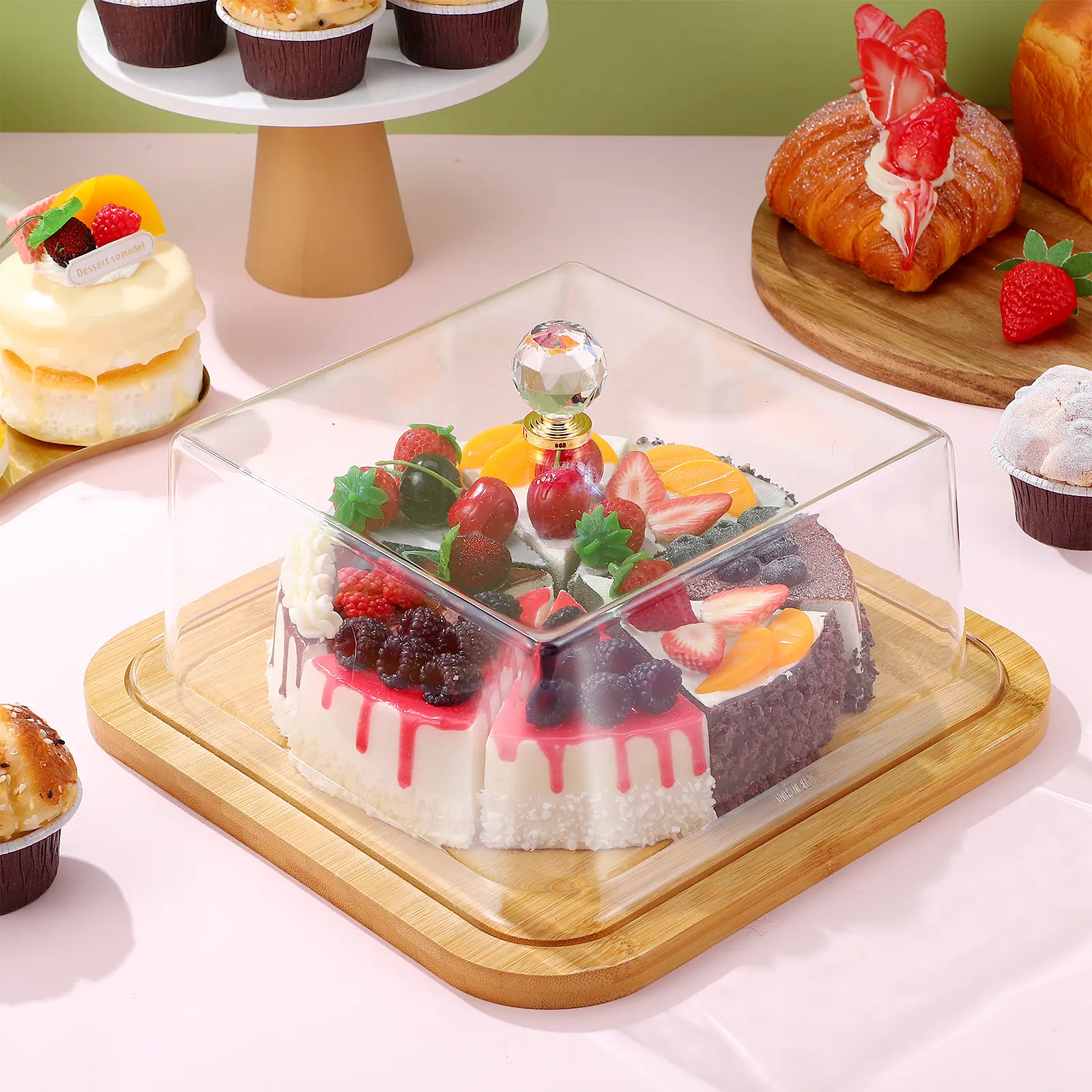 Tasting Bread Plate Cake Holder with Lid Tray Dessert Stand Clear Protective Cover Square Base Table Decor Party Supplies