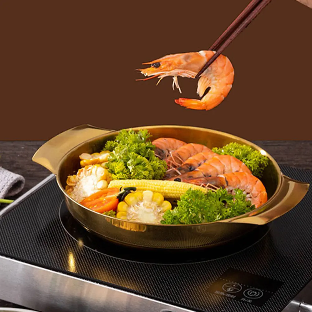 Dry Pot Stainless Steel 18cm Golden Double Handles Hot Pot Paella Pan Korean BBQ Family Cooking Household Daily Use
