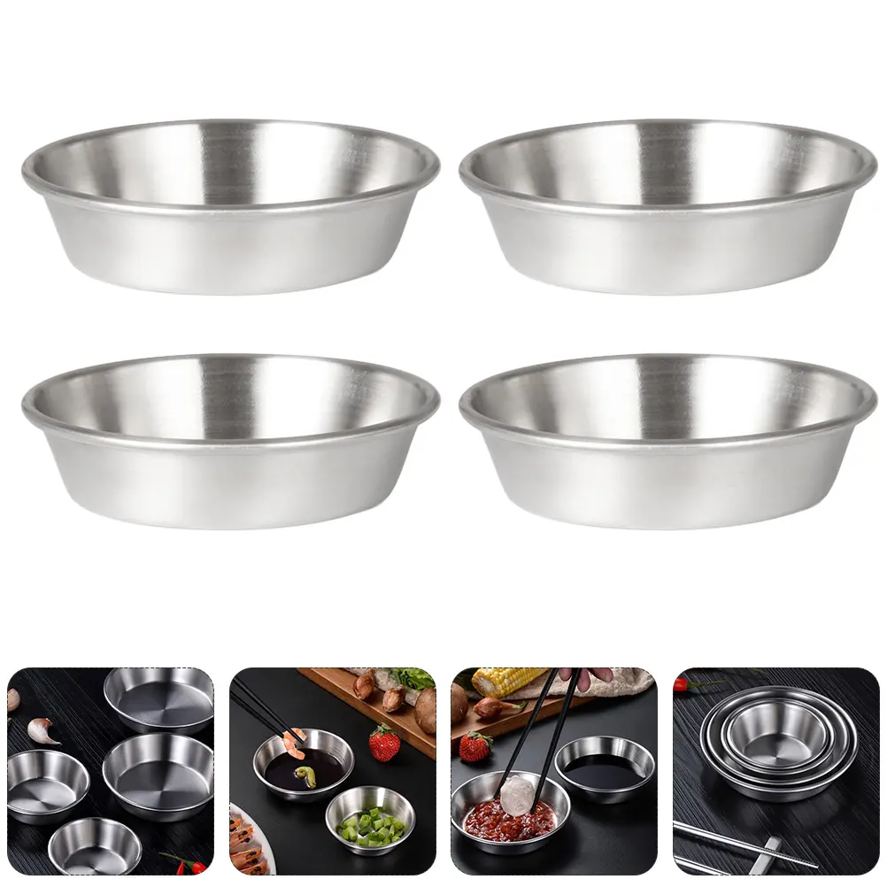 4pcs Stainless Seasoning Dishes Deep Bowls Sauce Dipping Flavor Dish Plates Flavor Appetizer Kitchen Tableware