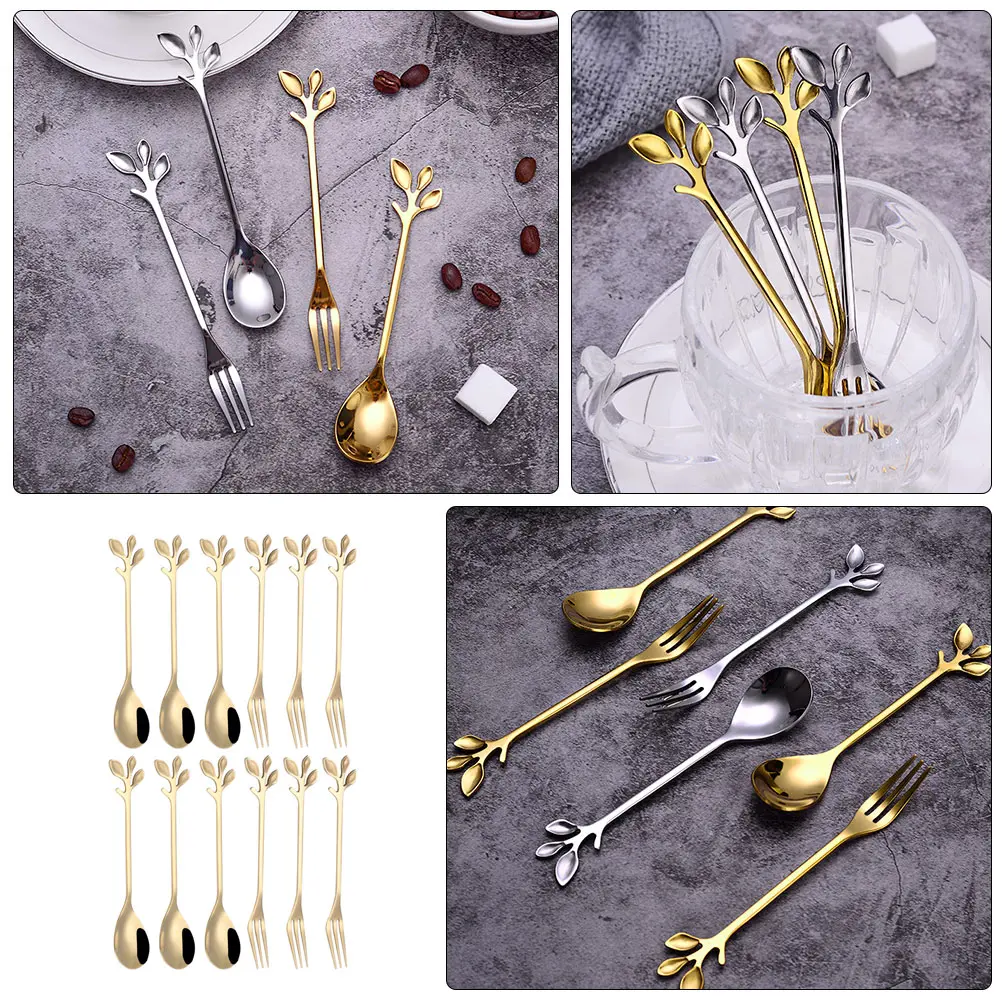12pcs Leaf Shape Stainless Steel Spoon Coffee Cake Forks Golden Mixing Stirring Kitchen Tea Dessert Party Creative Ice Cream
