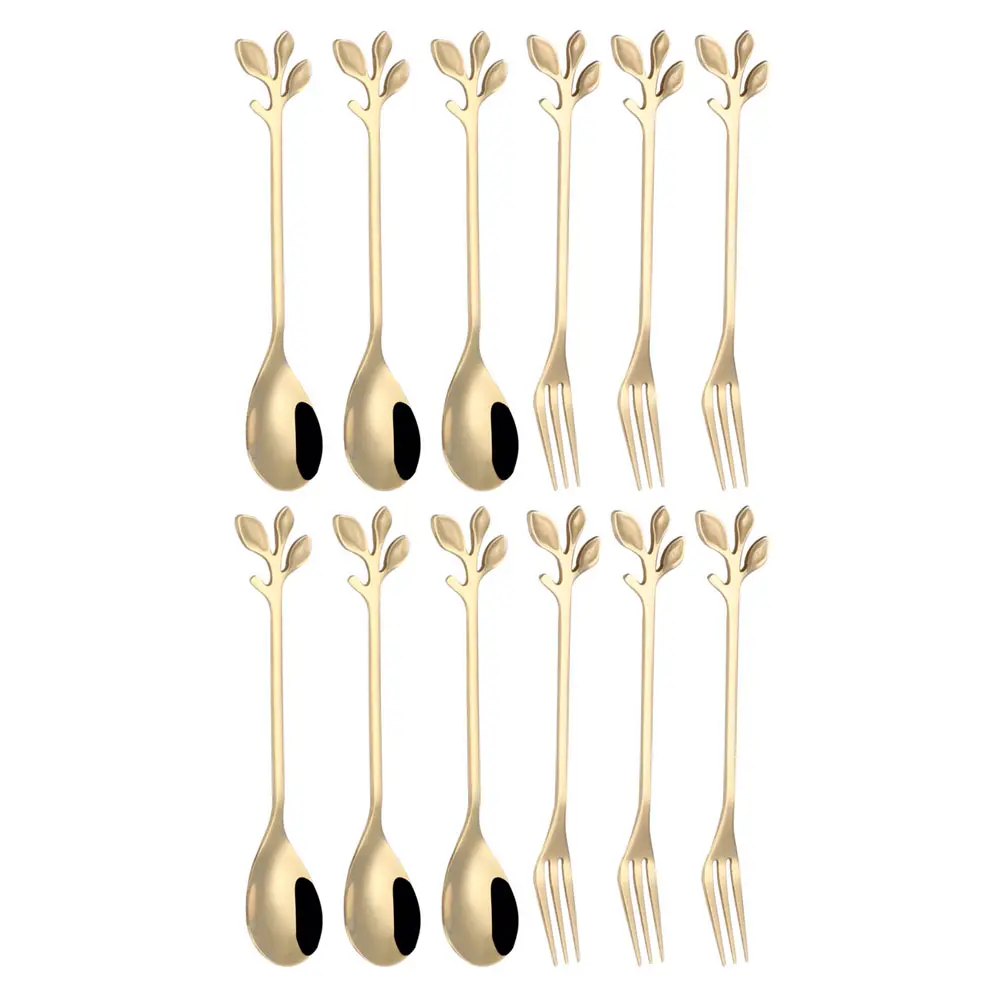12pcs Leaf Shape Stainless Steel Spoon Coffee Cake Forks Golden Mixing Stirring Kitchen Tea Dessert Party Creative Ice Cream