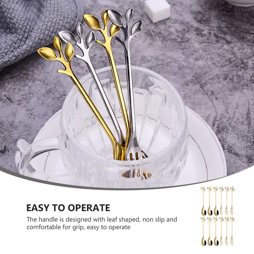 12pcs Leaf Shape Stainless Steel Spoon Coffee Cake Forks Golden Mixing Stirring Kitchen Tea Dessert Party Creative Ice Cream