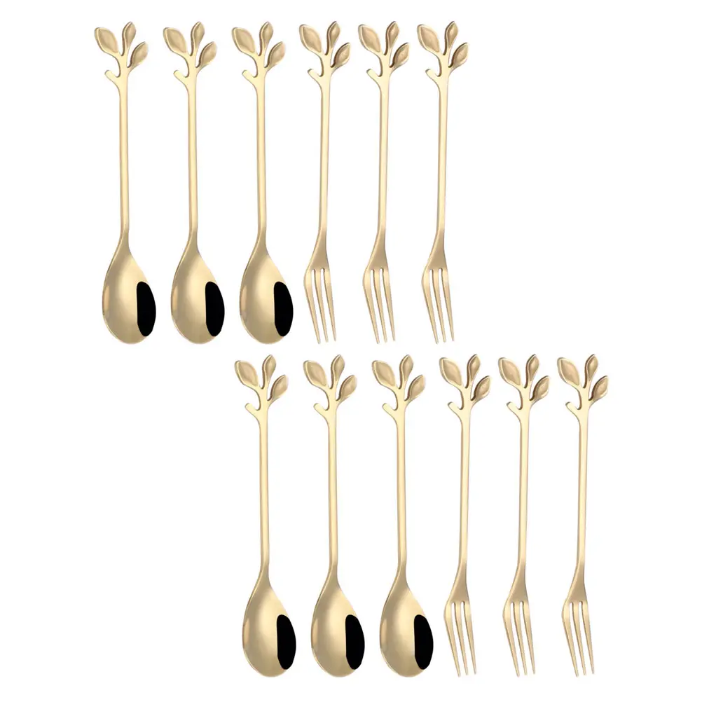 12pcs Leaf Shape Stainless Steel Spoon Coffee Cake Forks Golden Mixing Stirring Kitchen Tea Dessert Party Creative Ice Cream