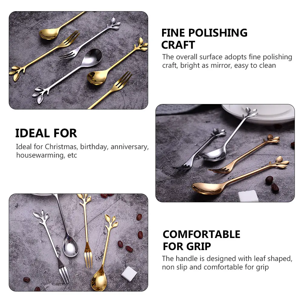 12pcs Leaf Shape Stainless Steel Spoon Coffee Cake Forks Golden Mixing Stirring Kitchen Tea Dessert Party Creative Ice Cream