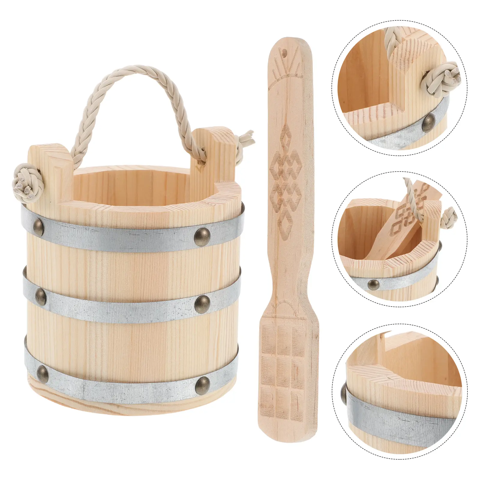Solid Wood Kitchen Bucket Household Rice Storage Barrel Ladle Thickened Seamless Design Home Restaurant Use Natural Food Safe