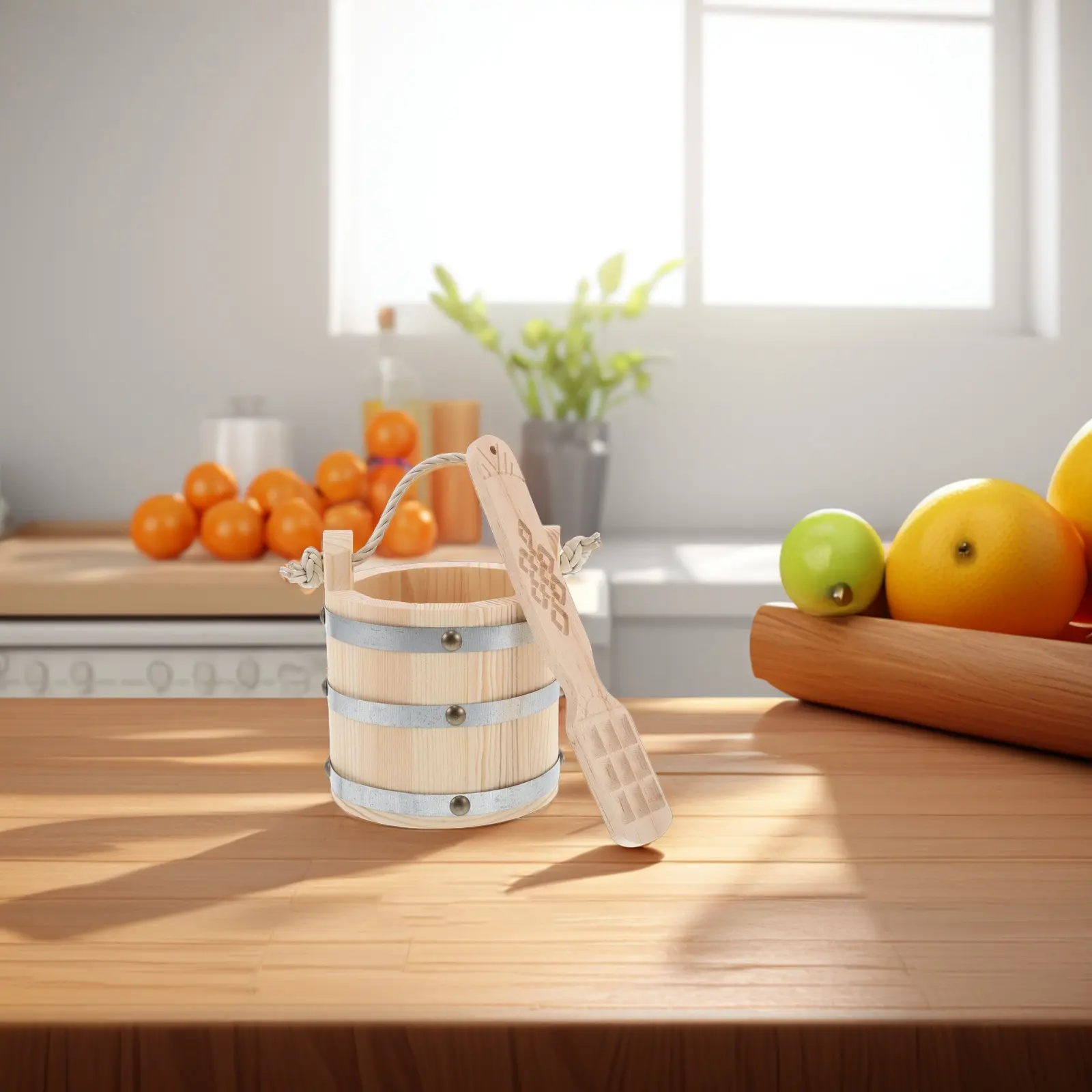 Solid Wood Kitchen Bucket Household Rice Storage Barrel Ladle Thickened Seamless Design Home Restaurant Use Natural Food Safe