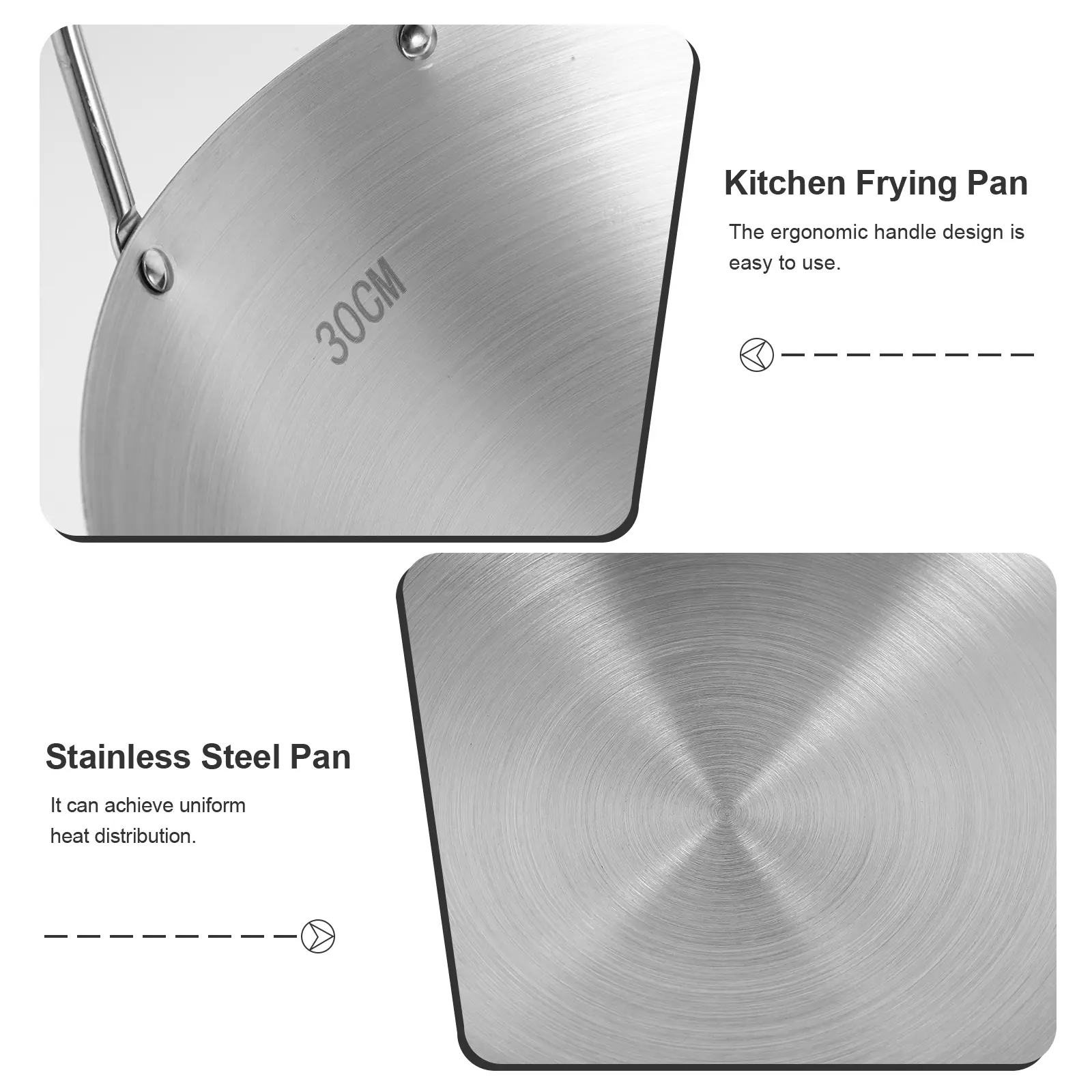 Stainless Steel Wok 30cm Double Handle Nonstick Pan Fry BBQ Easy Clean Cooking Wok Gas Stove Kitchen Utensil