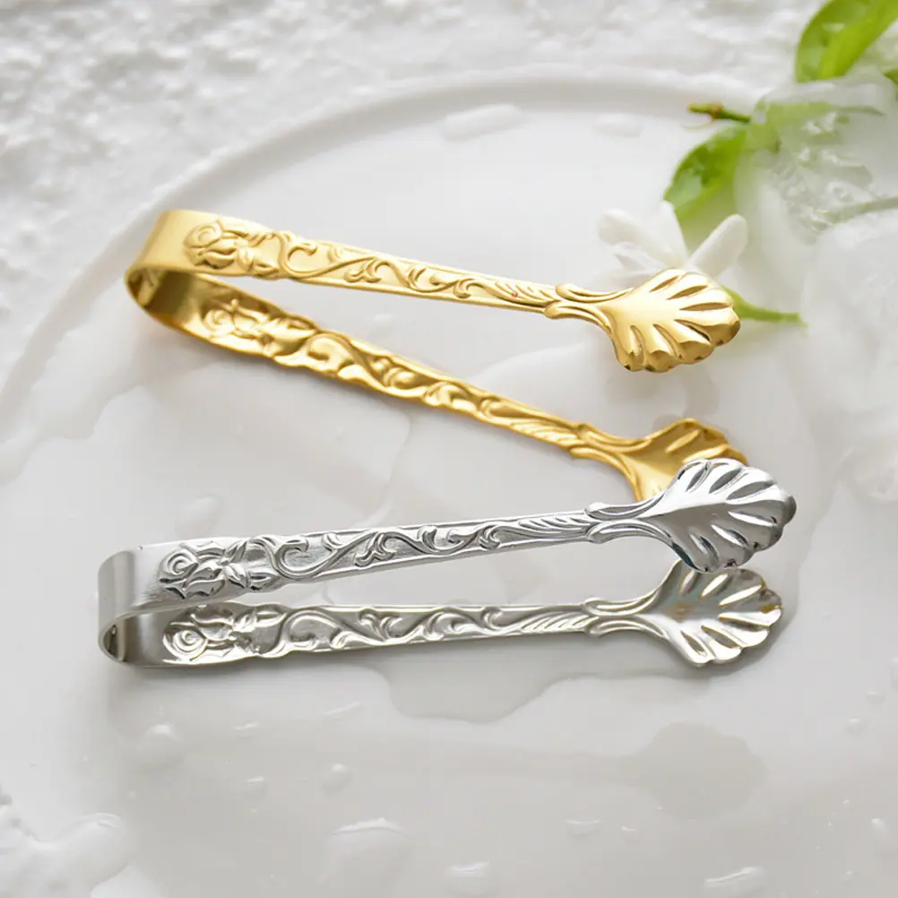 2 Pcs Relief Rose Ice Cube Clip Food Tong Tongs Metal Small Kitchen Stainless Steel Cubes Serving