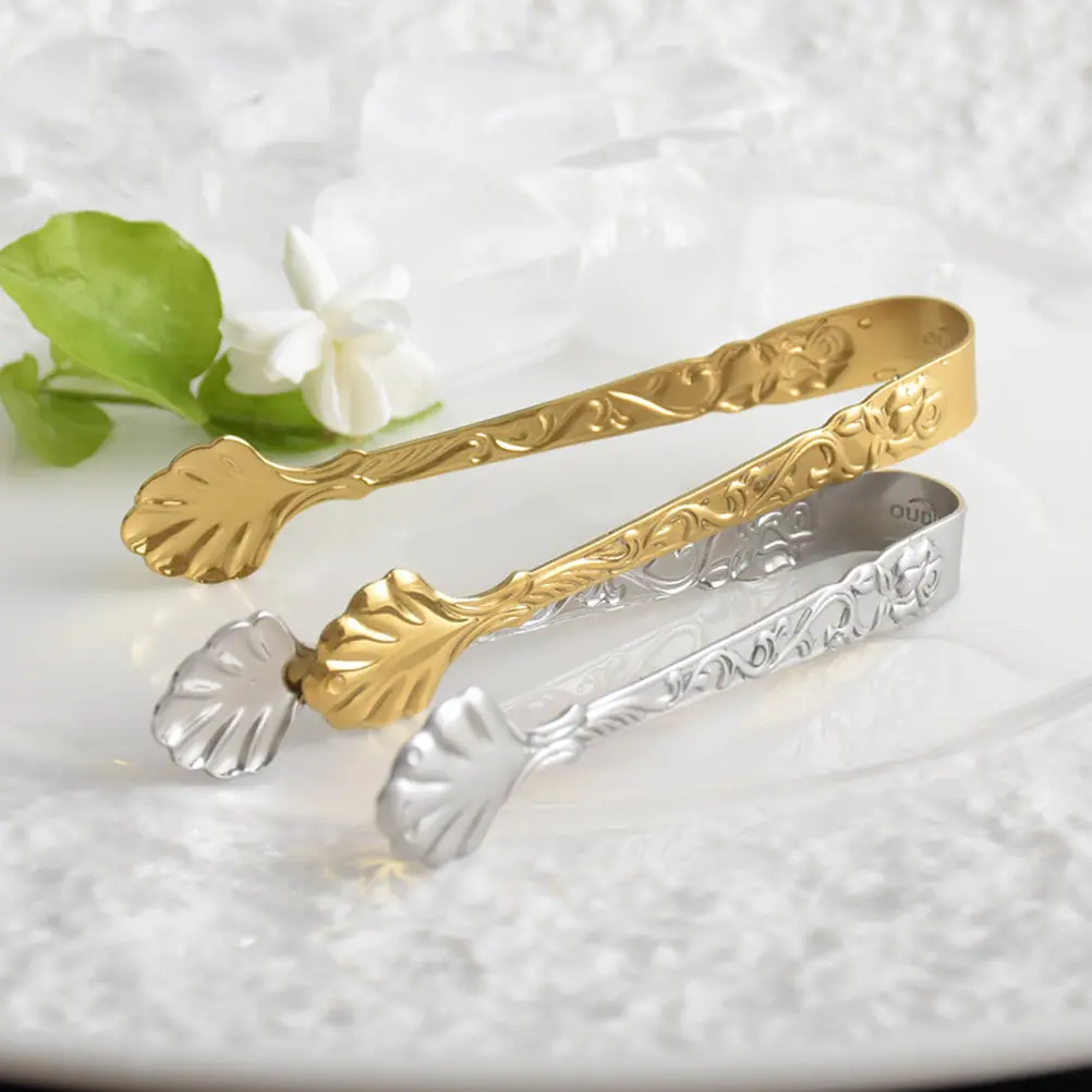 2 Pcs Relief Rose Ice Cube Clip Food Tong Tongs Metal Small Kitchen Stainless Steel Cubes Serving