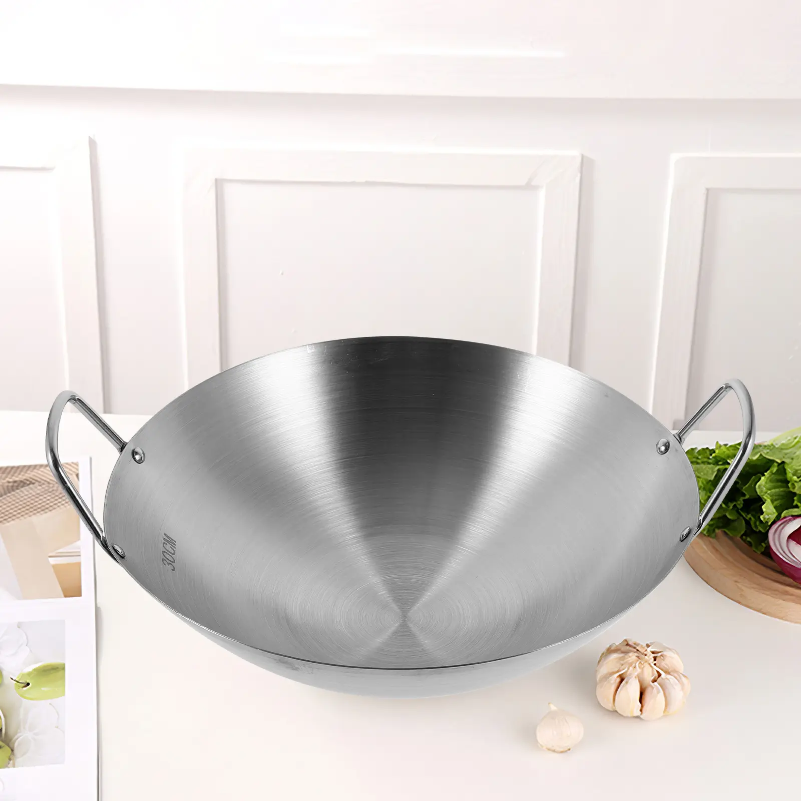 Stainless Steel Wok 30cm Double Handle Nonstick Pan Fry BBQ Easy Clean Cooking Wok Gas Stove Kitchen Utensil