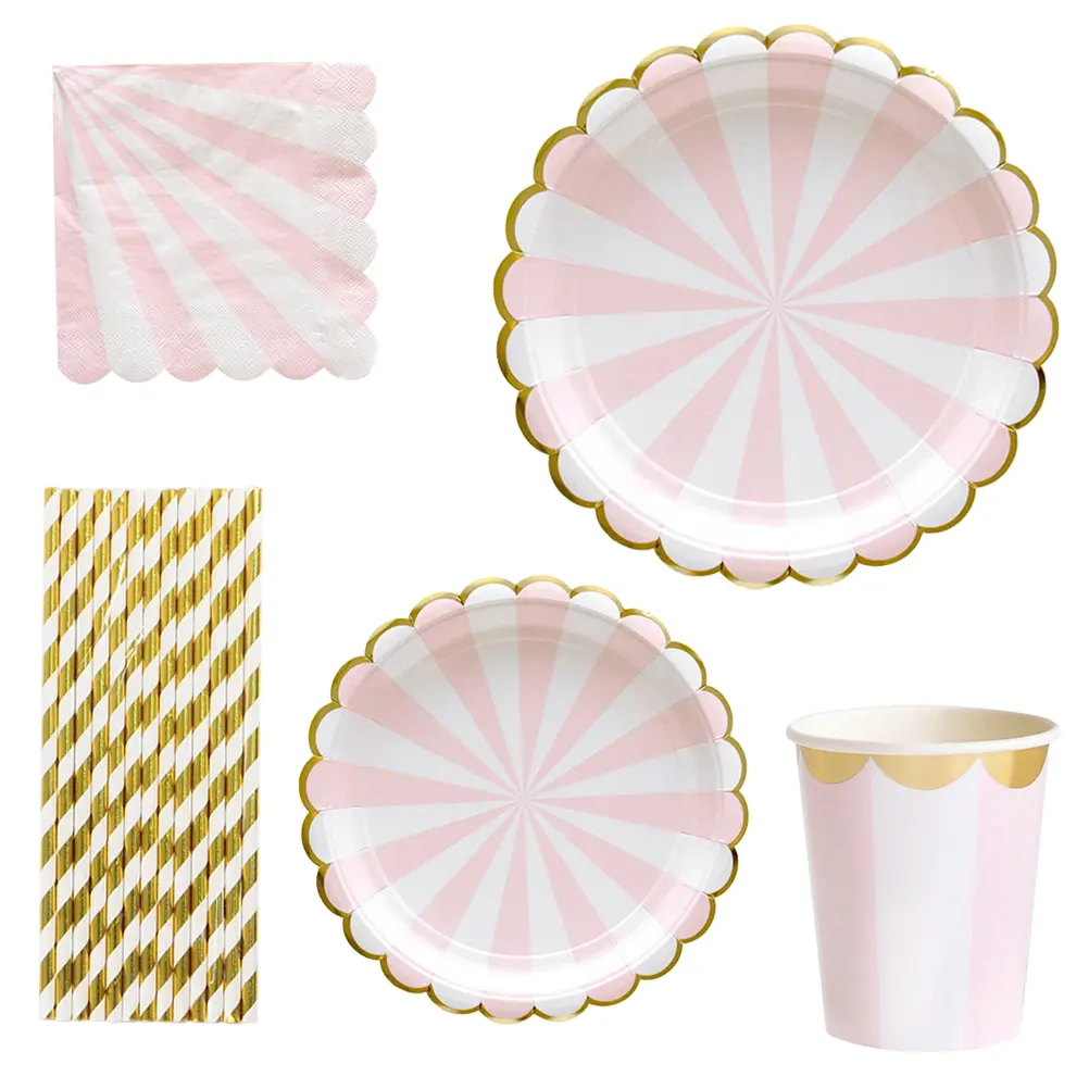 8pcs 9inch 8pcs 7inch Paper Plate Set Disposable Cups Straws Tissues Eco Friendly Tableware Kit for Wedding Party Picnic