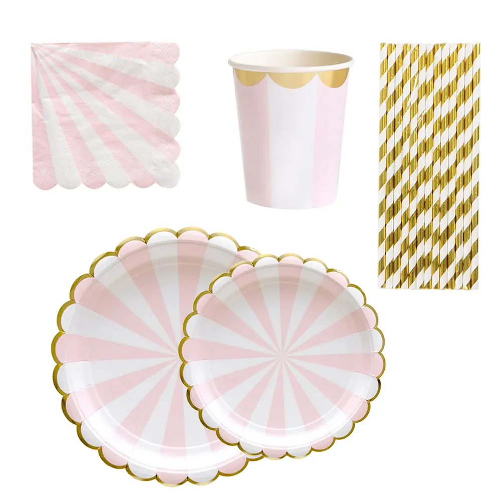 8pcs 9inch 8pcs 7inch Paper Plate Set Disposable Cups Straws Tissues Eco Friendly Tableware Kit for Wedding Party Picnic
