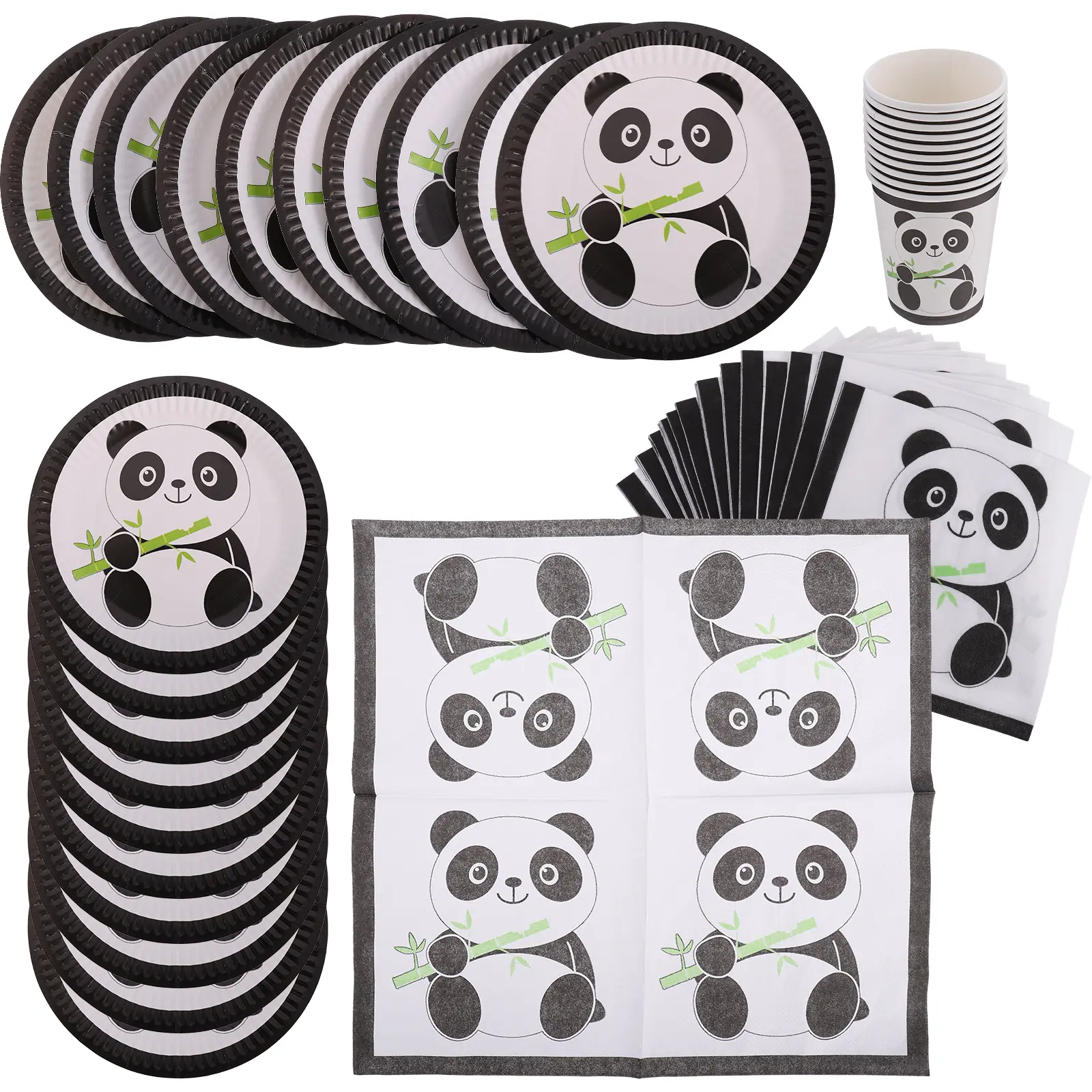 1 set Panda Tableware Black White Plates Bowls Kids Birthday Party Supplies Paper Dinnerware Cartoon Disposable