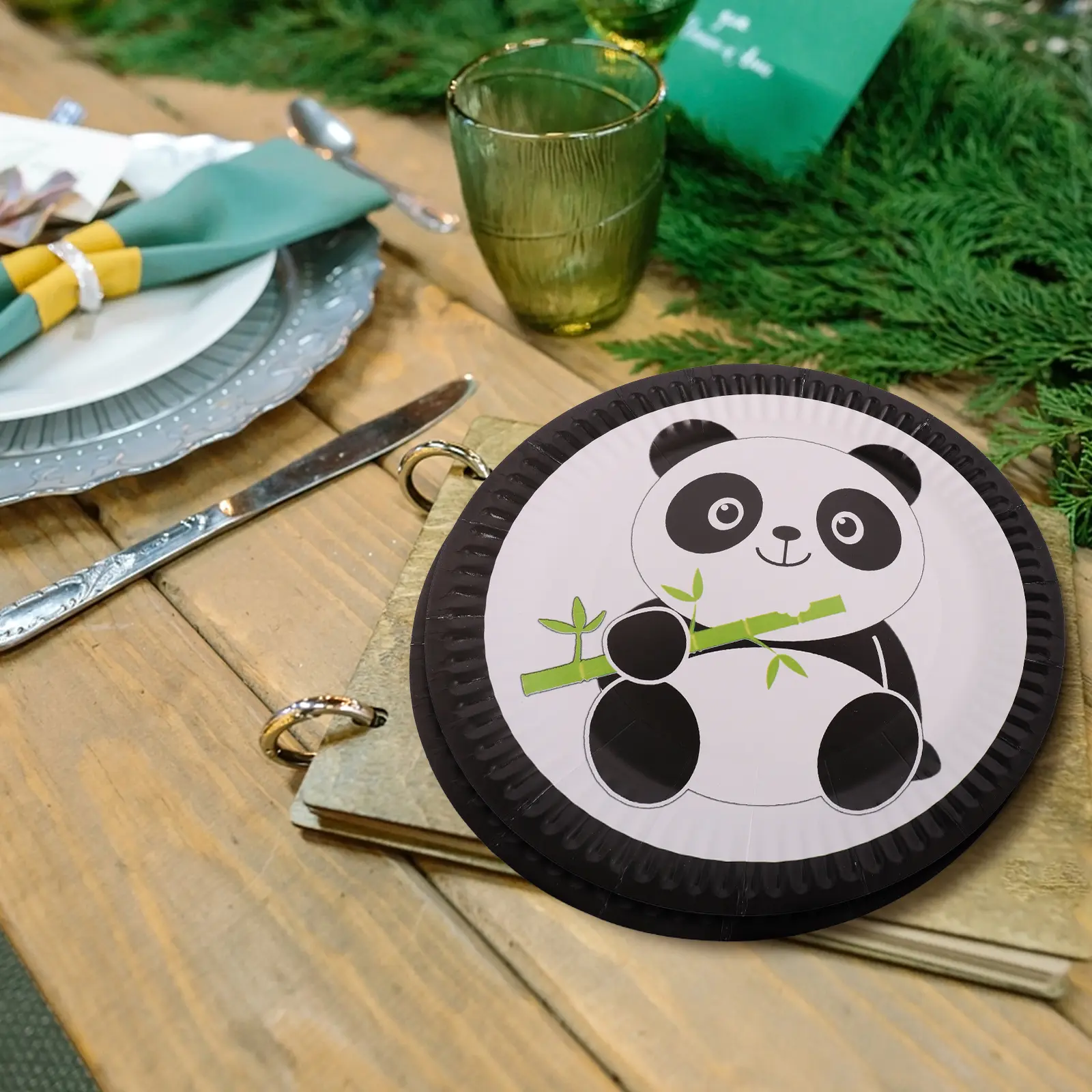 1 set Panda Tableware Black White Plates Bowls Kids Birthday Party Supplies Paper Dinnerware Cartoon Disposable