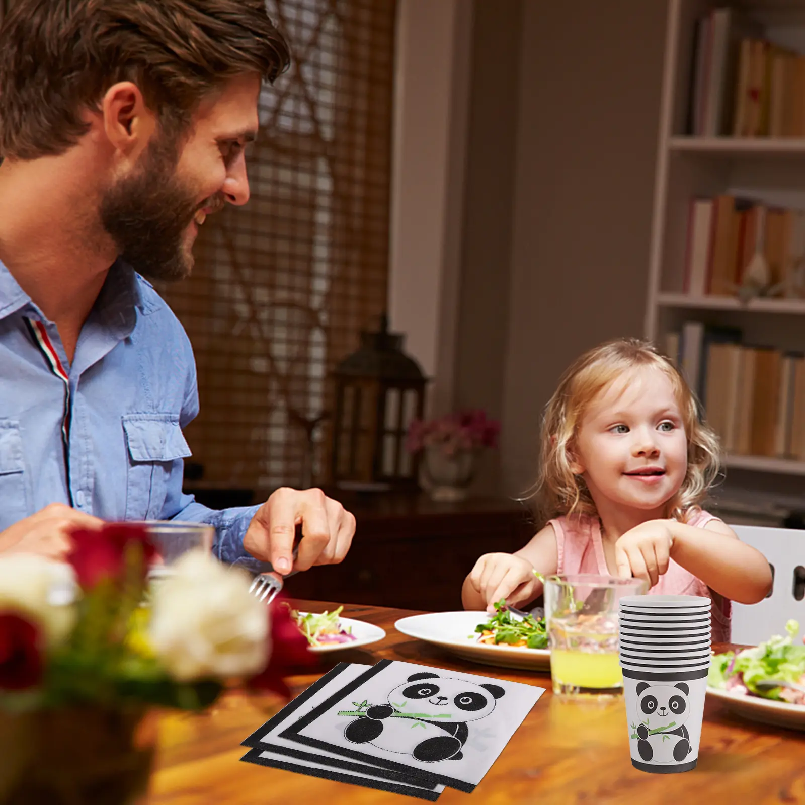 1 set Panda Tableware Black White Plates Bowls Kids Birthday Party Supplies Paper Dinnerware Cartoon Disposable