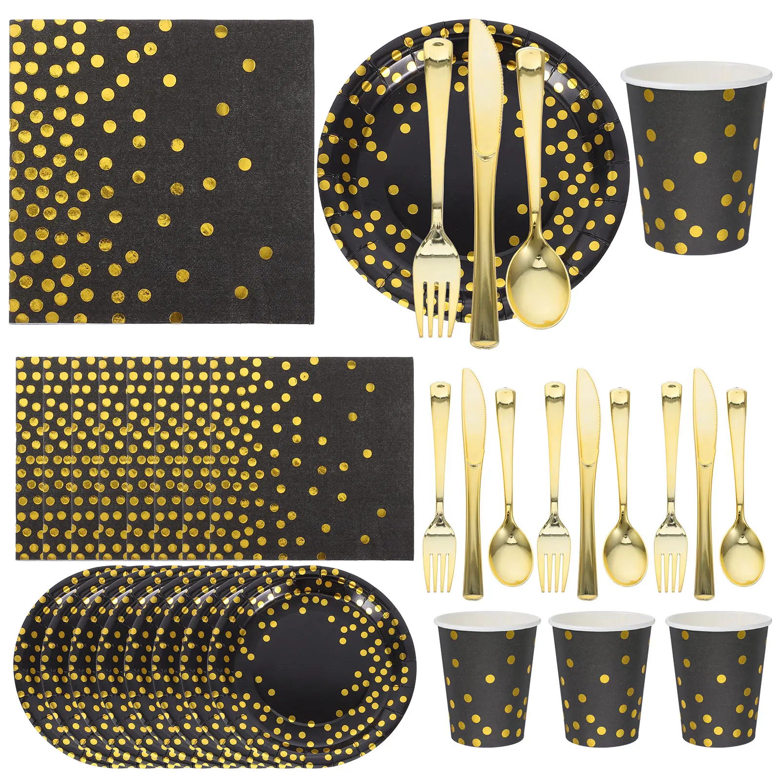24 set Party Tableware Set Black Gold Plates Cups Decorations Napkins Disposable Birthday Graduation Event Supplies Kitchen