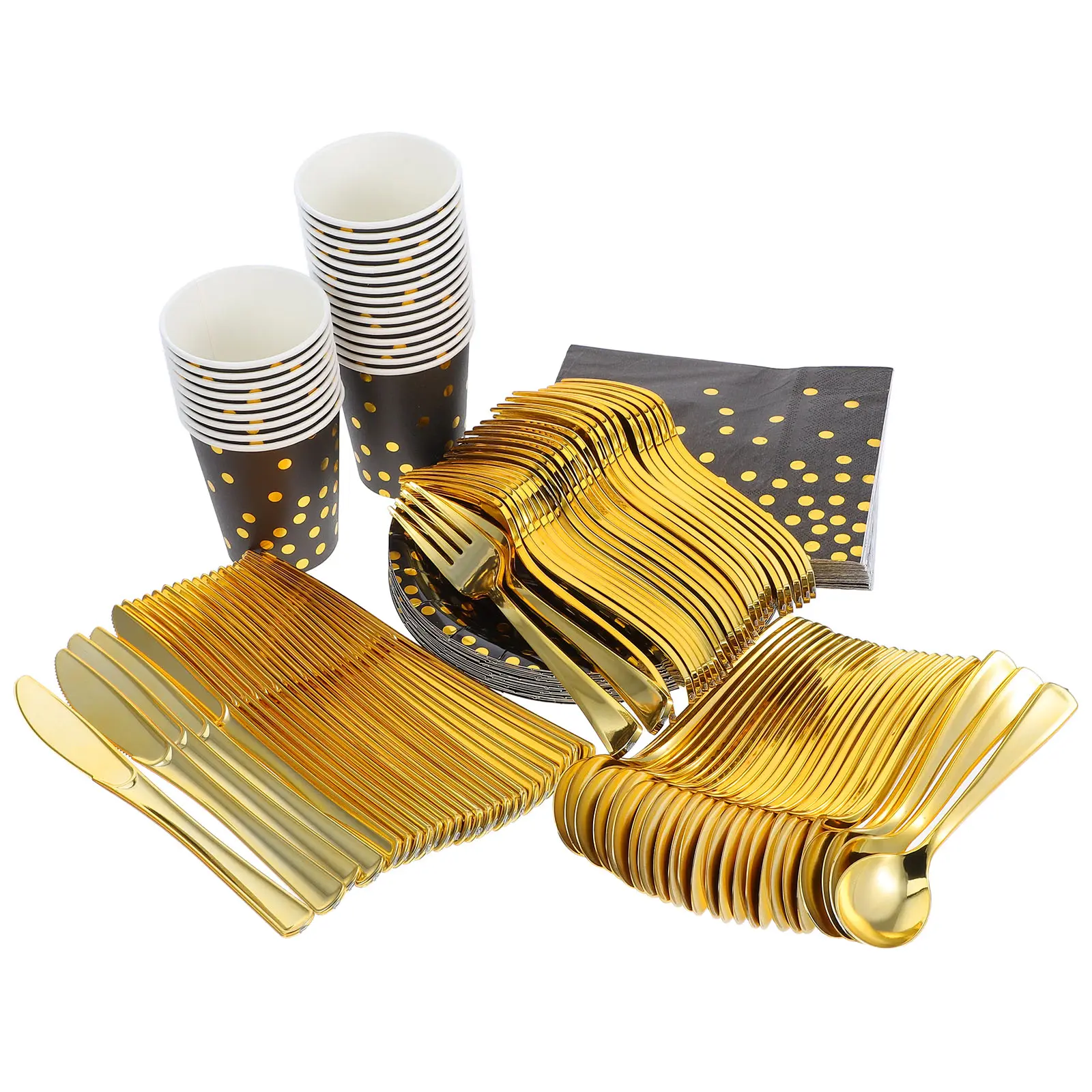 24 set Party Tableware Set Black Gold Plates Cups Decorations Napkins Disposable Birthday Graduation Event Supplies Kitchen