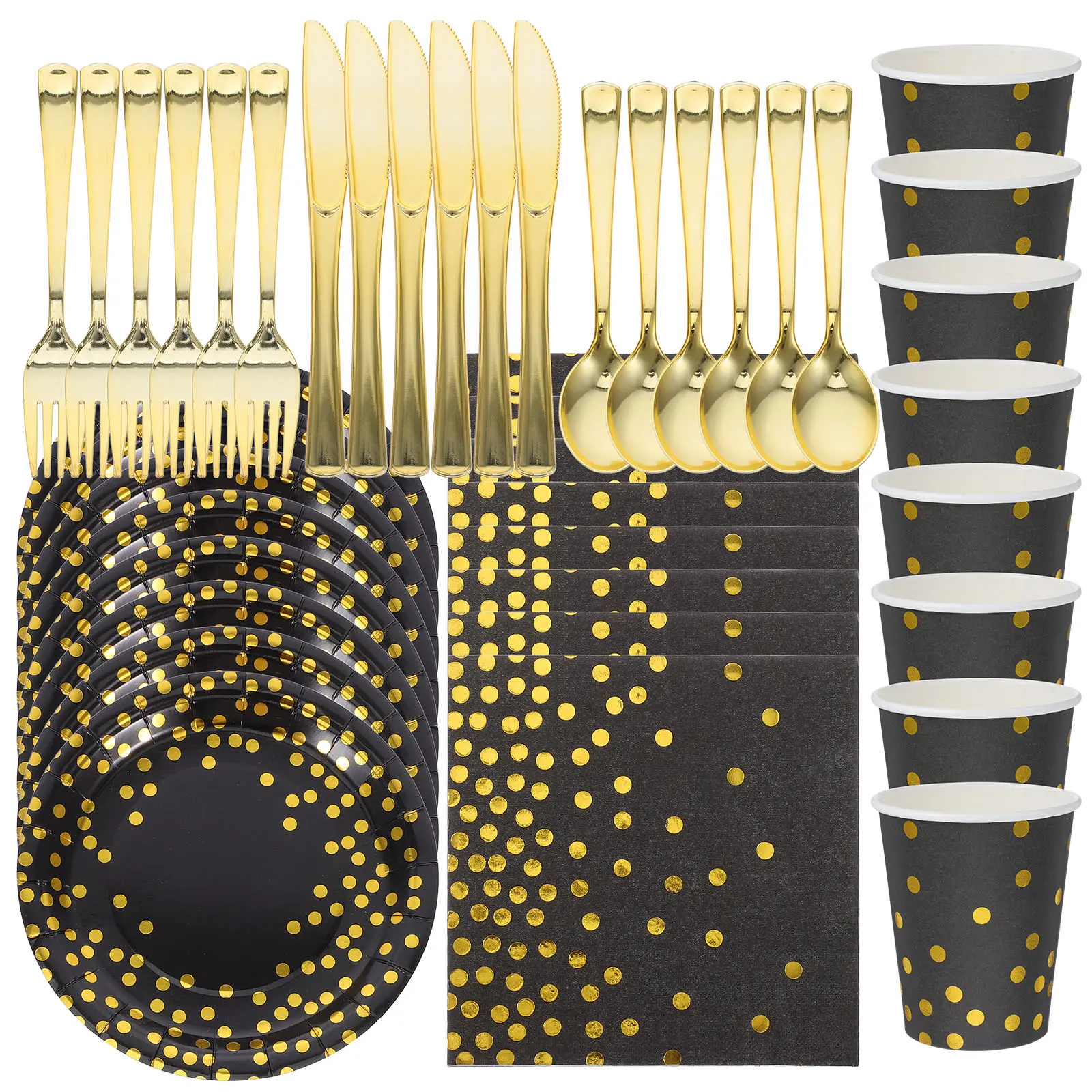 24 set Party Tableware Set Black Gold Plates Cups Decorations Napkins Disposable Birthday Graduation Event Supplies Kitchen