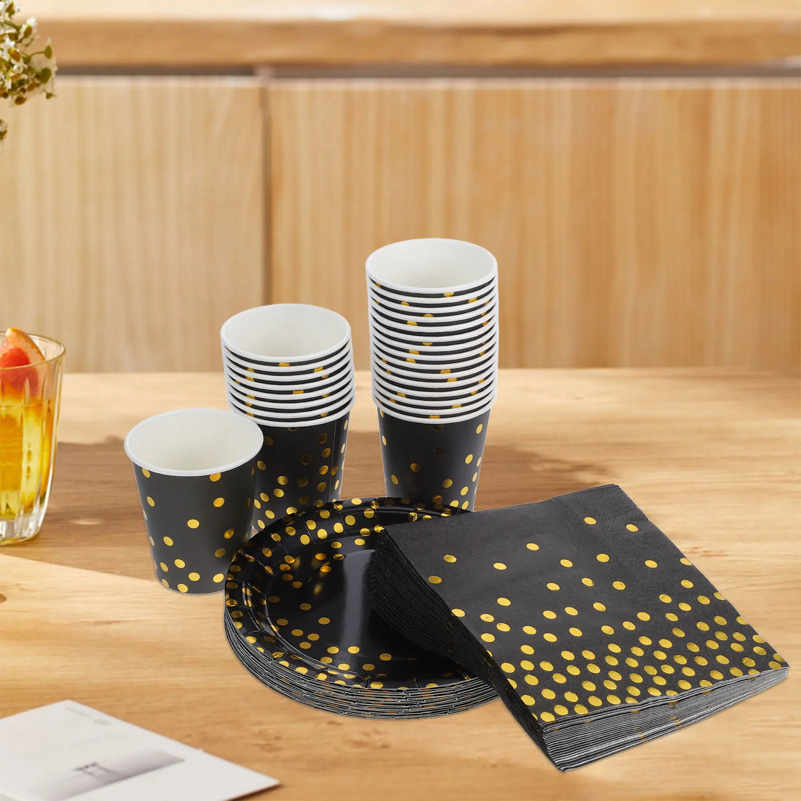 24 set Party Tableware Set Black Gold Plates Cups Decorations Napkins Disposable Birthday Graduation Event Supplies Kitchen