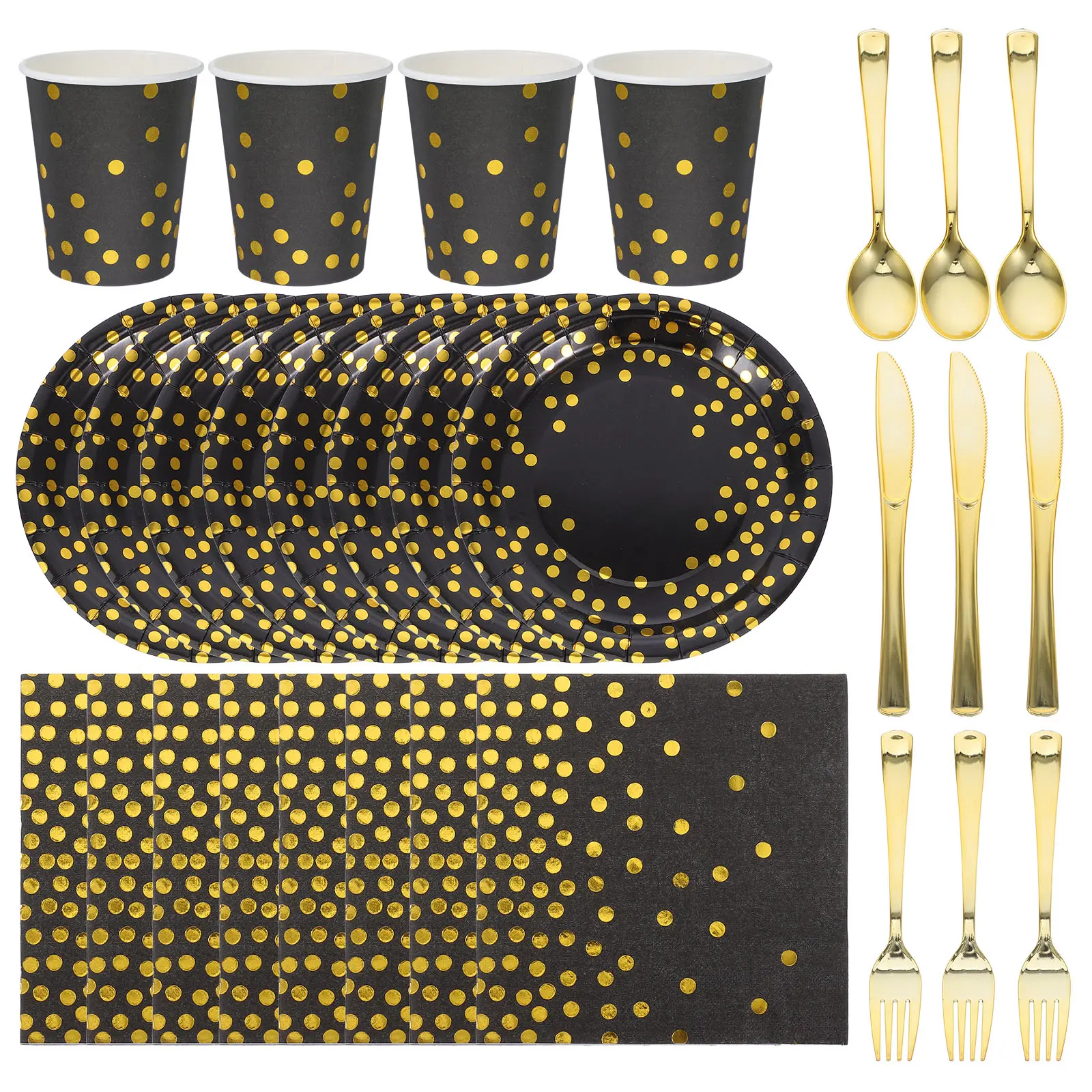 24 set Party Tableware Set Black Gold Plates Cups Decorations Napkins Disposable Birthday Graduation Event Supplies Kitchen
