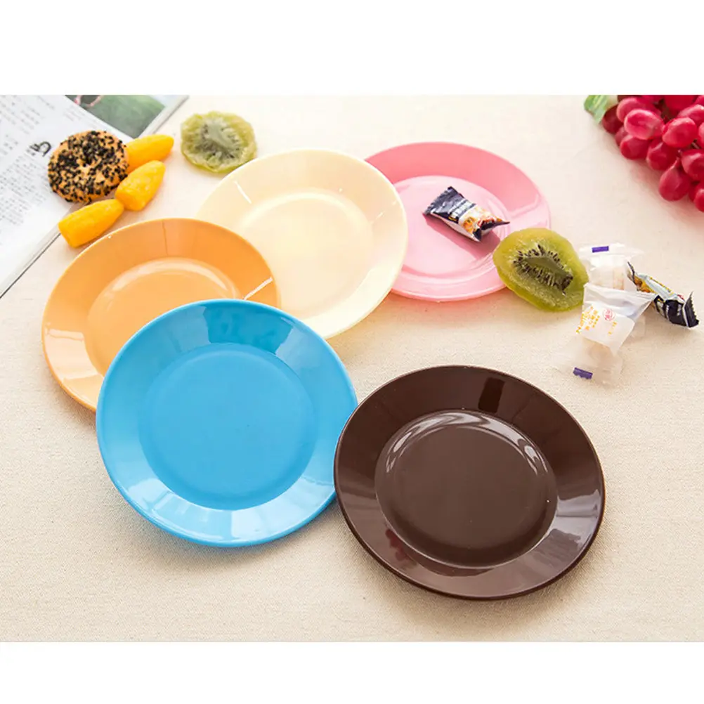 5 Pcs 13CM Round Flat Plates Plastic Dessert Appetizer Plates Snack Fruit Candy Nut Trays (Random Color)