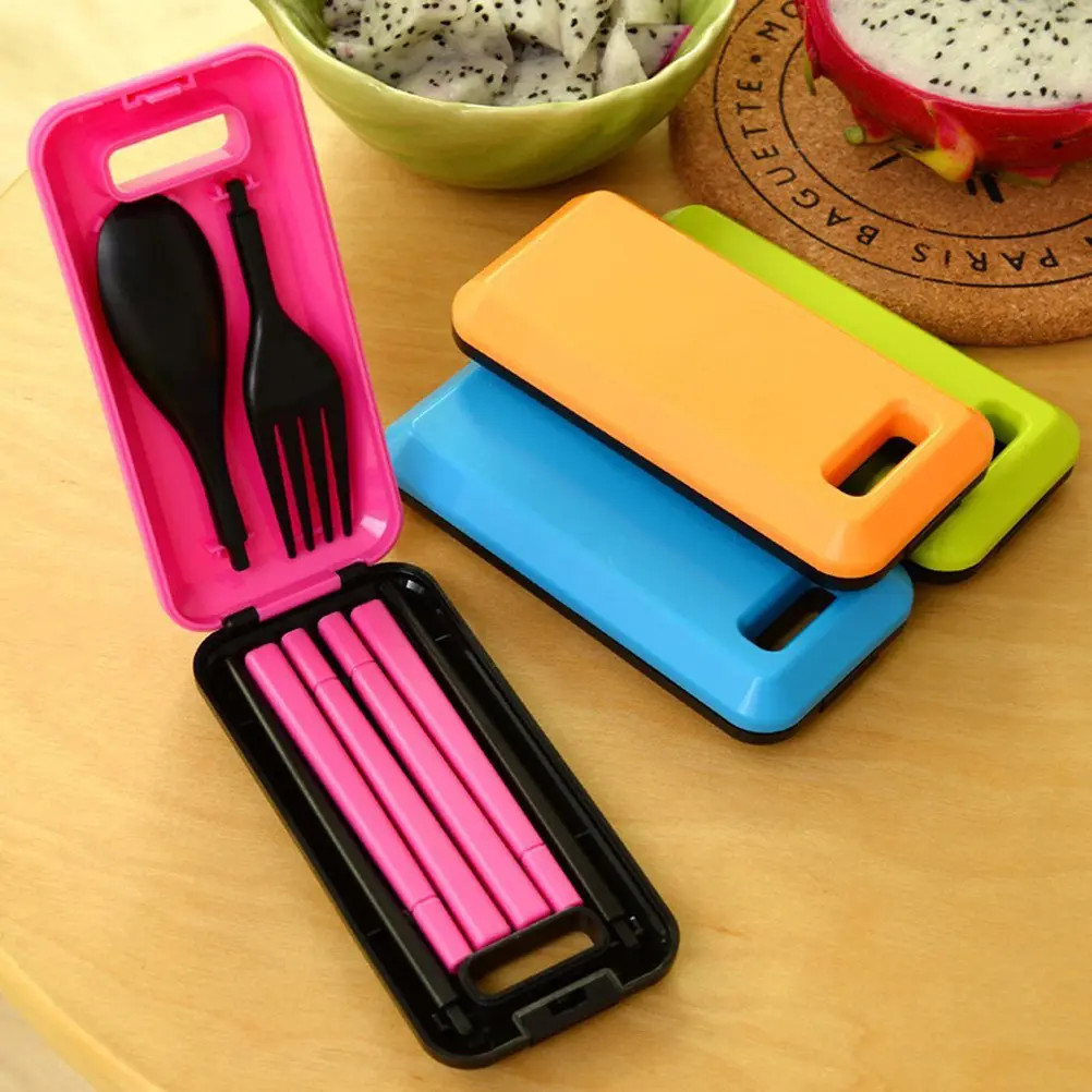 Portable Folding Tableware Set 12x5.8x2.2cm Rosy Black Food Grade ABS Plastic Travel Cutlery Case Outdoor Fork Spoon for Travel
