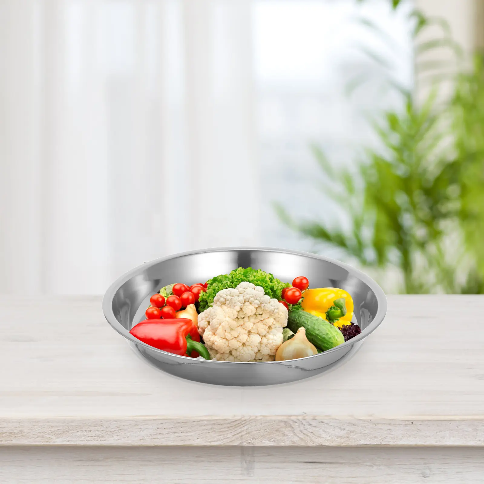 Stainless Steel Dinner Plate Round Barbecue Fruit Serving Platter Steaming Pans Party Food Tray Large Size Flat Bottom
