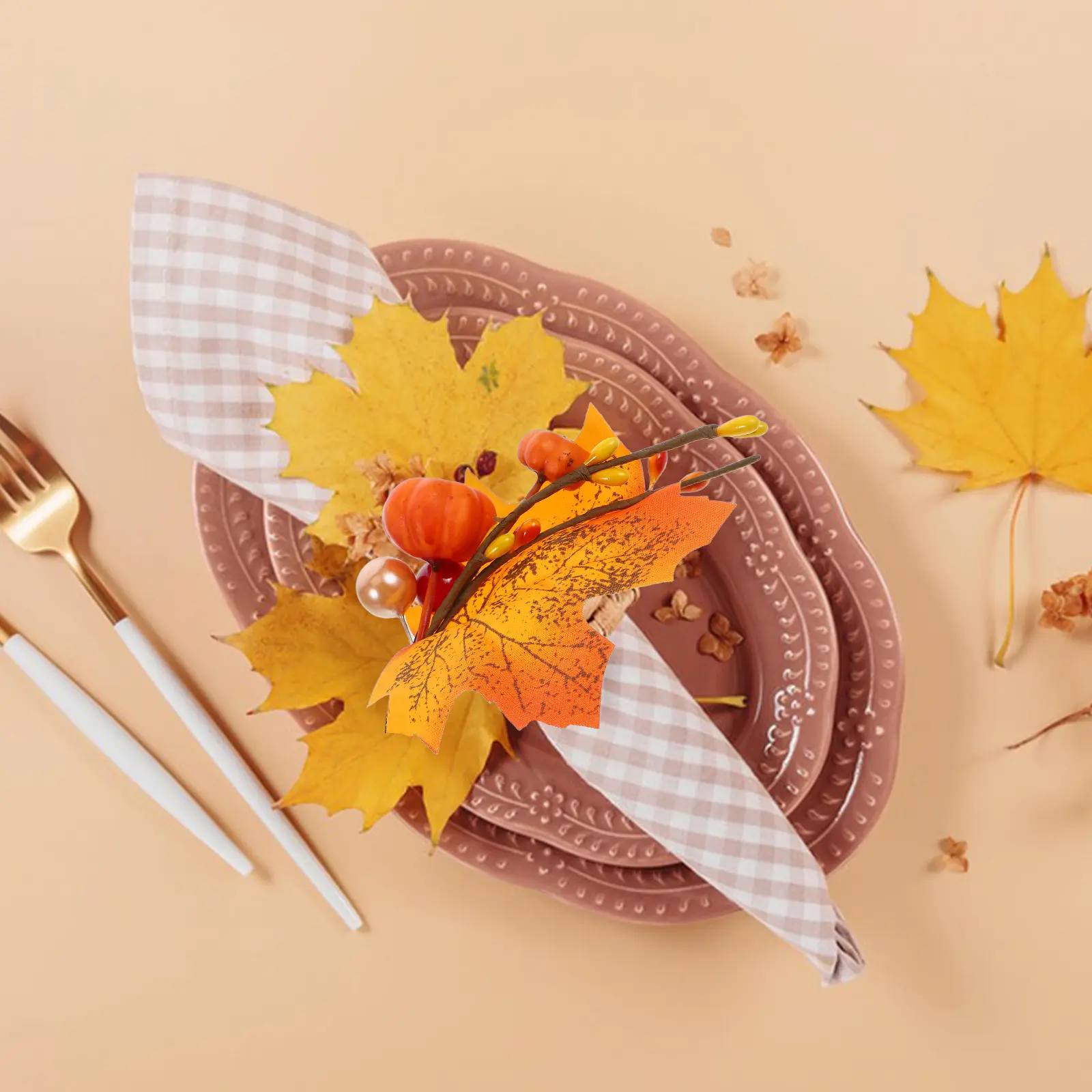2pcs Napkin Rings Maple Leaf Eucalyptus Berry Pumpkin Fall Thanksgiving Decorative Table Adornment Serviette Holder Kitchen Bar