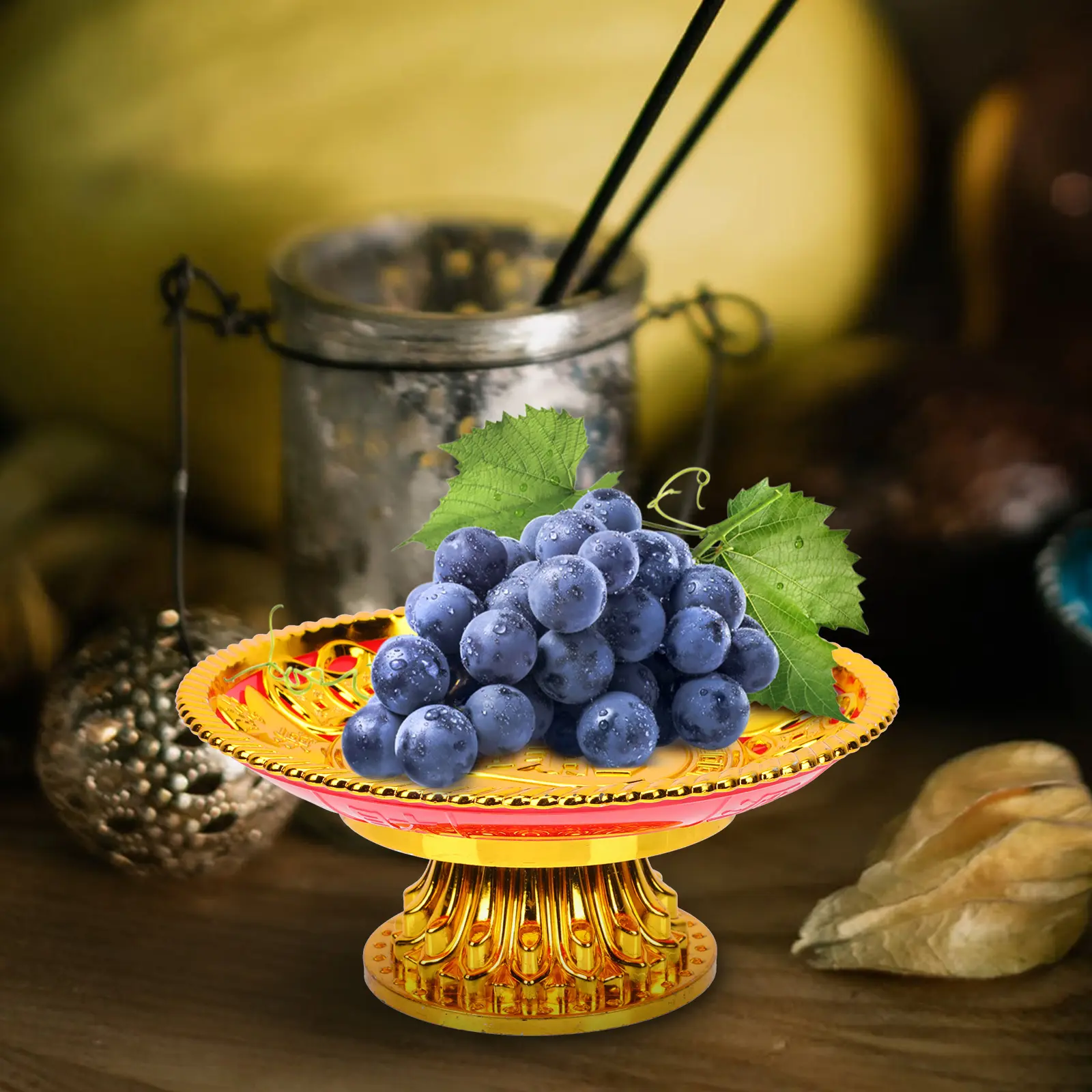 Golden Offering Plate Plastic Temple Serving Tray Bright Color Easy Clean Eastern Deity GiftBuddhist Storage