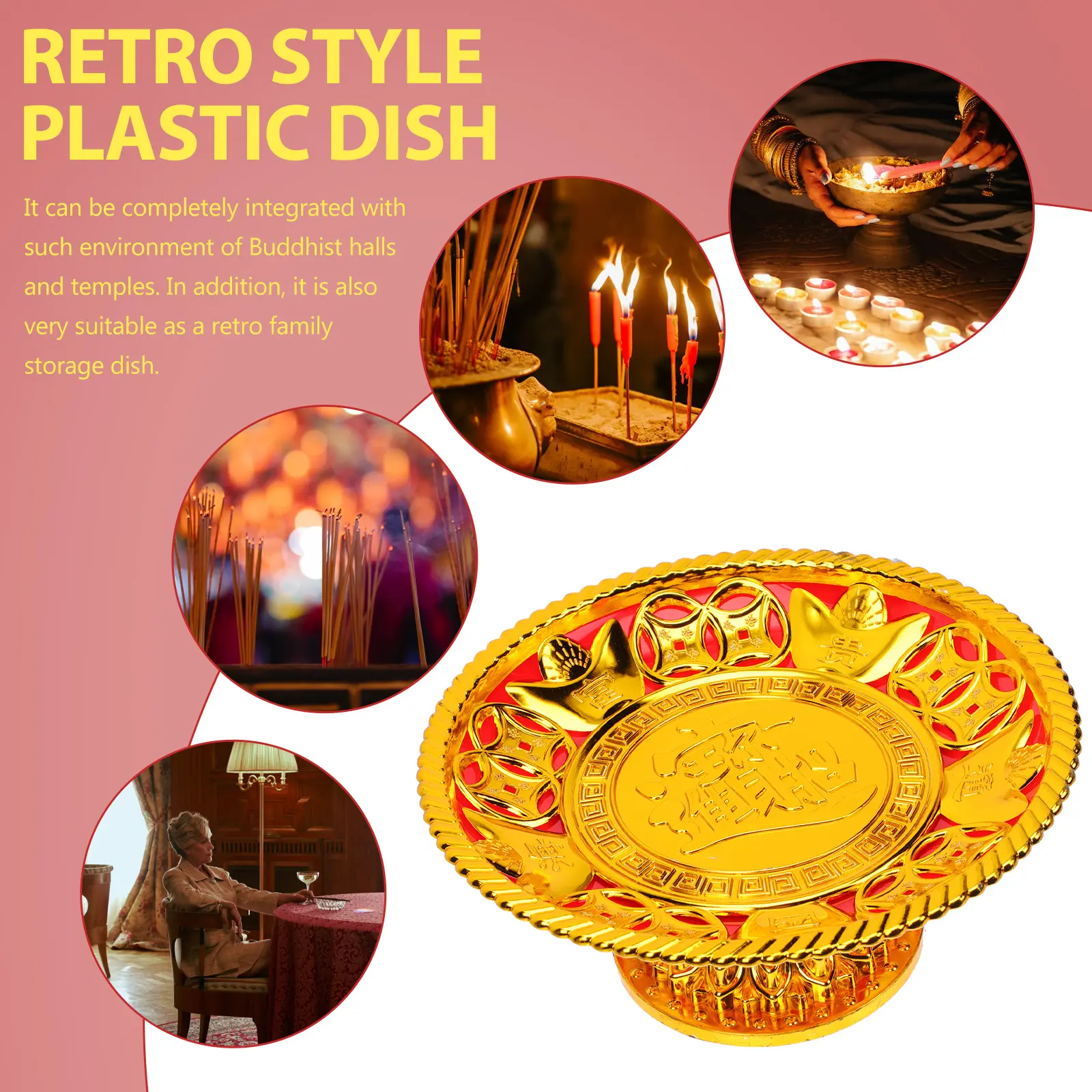 Golden Offering Plate Plastic Temple Serving Tray Bright Color Easy Clean Eastern Deity GiftBuddhist Storage