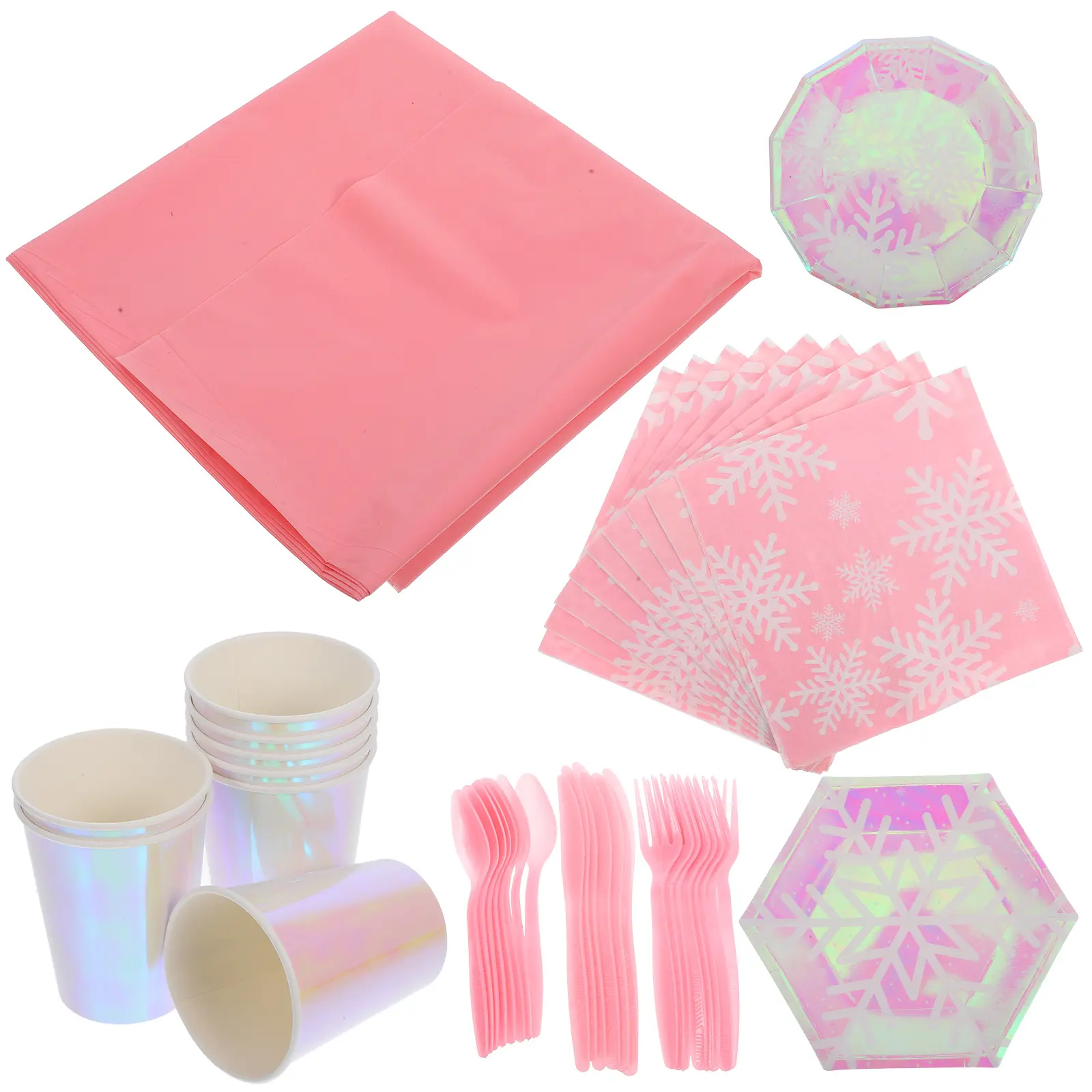 Disposable Party Supplies Snowflake Iridescent Paper Plates Cups Tablecloth Eco Friendly Winter Decorations for Birthday