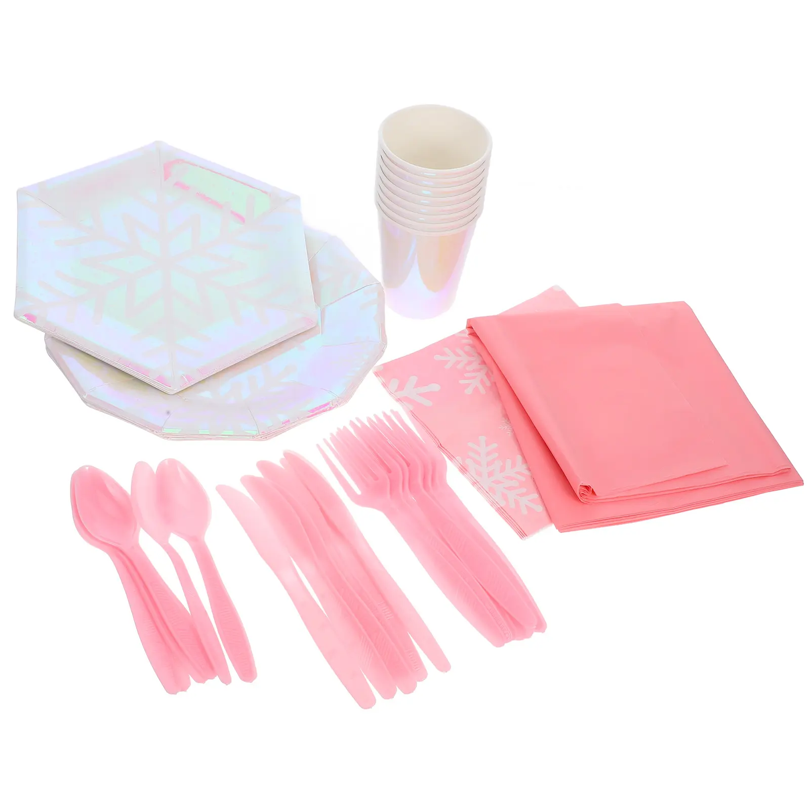 Disposable Party Supplies Snowflake Iridescent Paper Plates Cups Tablecloth Eco Friendly Winter Decorations for Birthday
