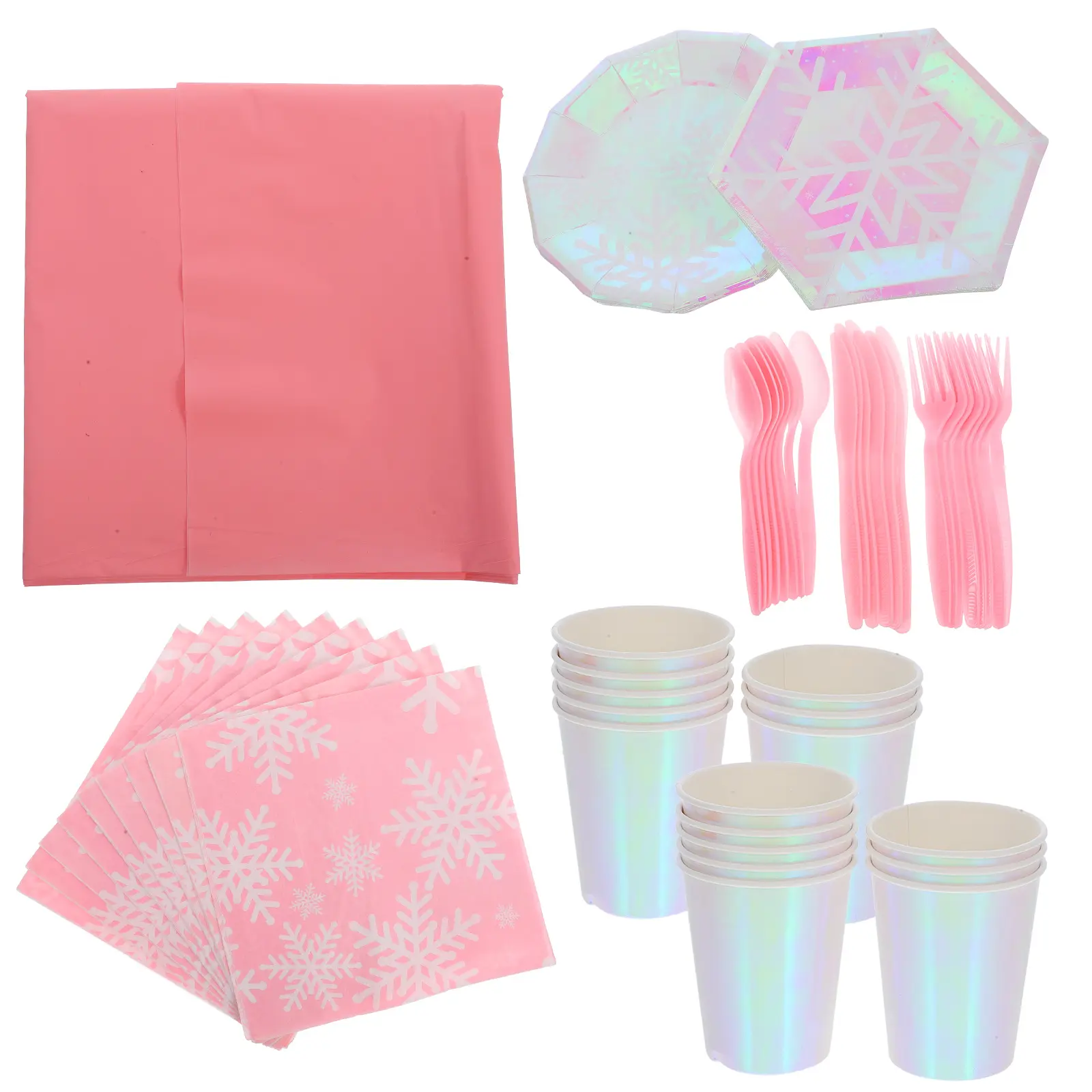 Disposable Party Supplies Snowflake Iridescent Paper Plates Cups Tablecloth Eco Friendly Winter Decorations for Birthday